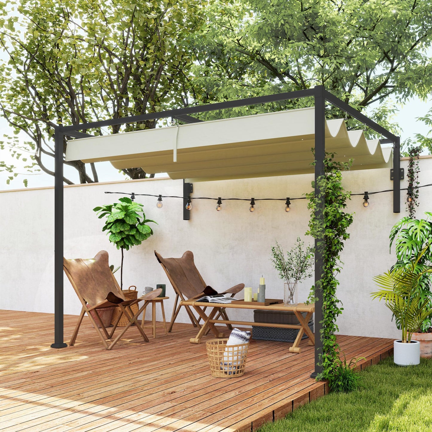 Outsunny 2 x 3(m) Lean To Pergola with Retractable Roof, Wall Mounted Garden Gazebo Outdoor Sun Shade Shelter for Patio, Khaki