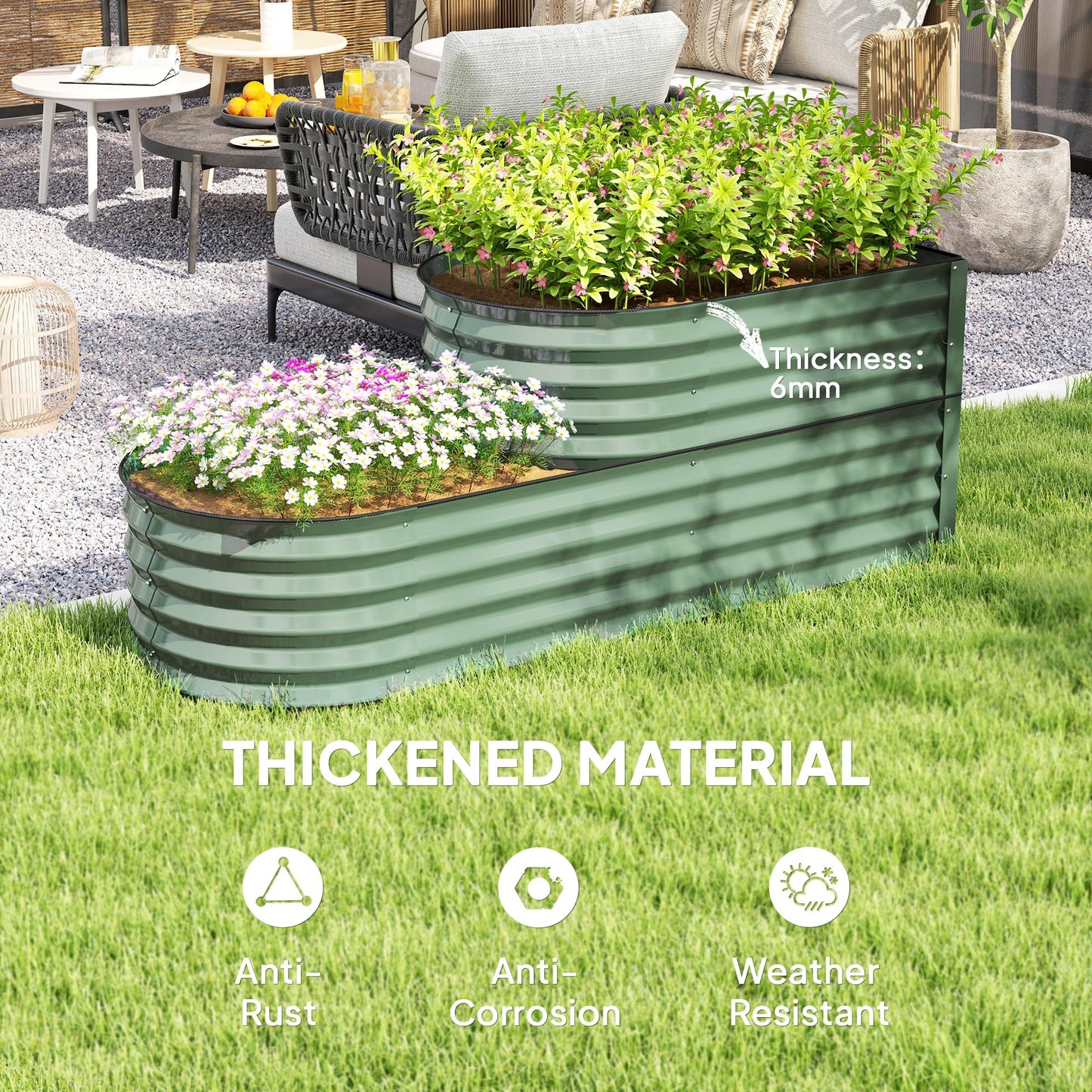 Outsunny 2-Tier Raised Garden Bed, Outdoor Galvanised Planter Box with Safety Edging and Gloves, Metal Raised Bed with Open Bottom for Vegetables, Flowers, Fruits and Herbs, Light Green