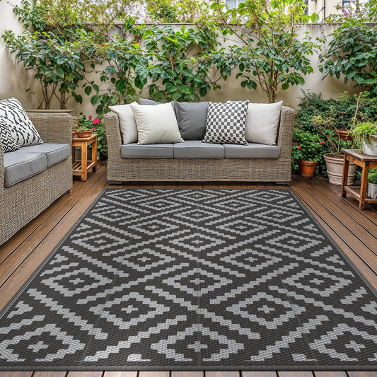 GENIMO Outdoor Rug Garden Rugs Waterproof Reversible Recycled Outdoor Carpet Washable UV Resistant Modern Area Rugs for Patios, Picnic, Backyard, 120 * 180cm, Black & Grey