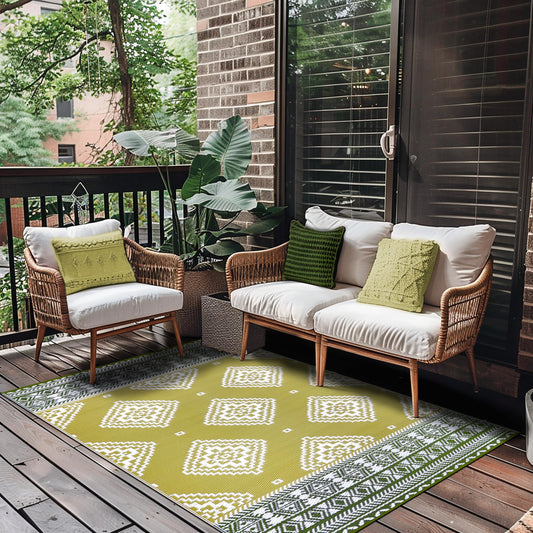 Green Decore Reversible Recycled Plastic Outdoor Rugs | Perfect for Garden, Patio, Picnic, Decking | Stain And Water Resistant | Venice Golden Green and Deep Forest Green, 120 x 180 cm