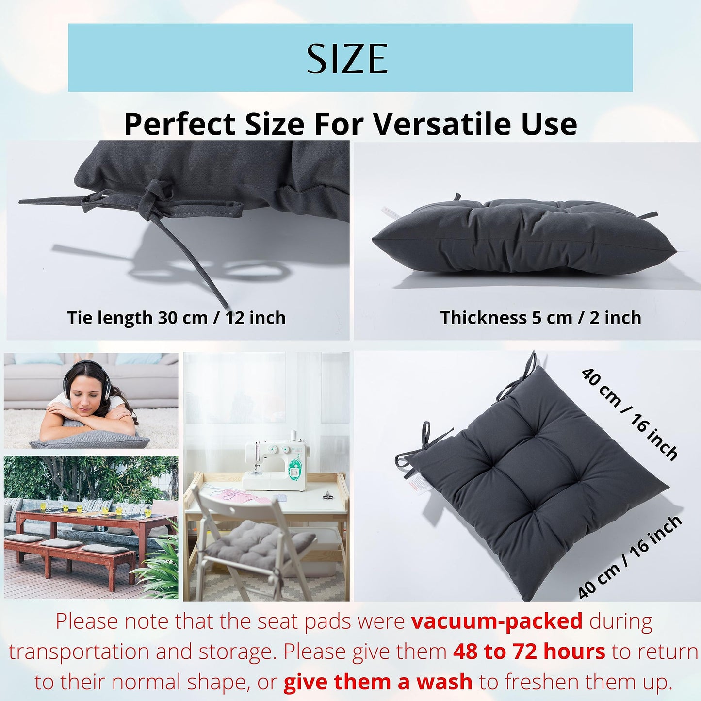 HAMO Garden Chair Cushions Outdoors Seat Pads, Set of 4, 40x40 cm, 16x16 inches (Graphite)