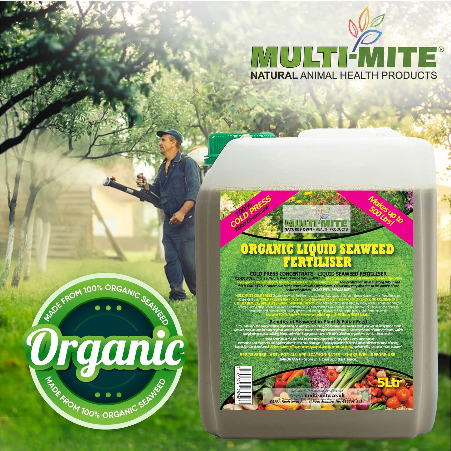 Multi-Mite 5 Ltr Liquid Seaweed -100% Natural & Organic Concentrate Cold Pressed Plant & Soil Fertiliser, Trees Lawn Veg & House Plants Root or Foliar Feeding