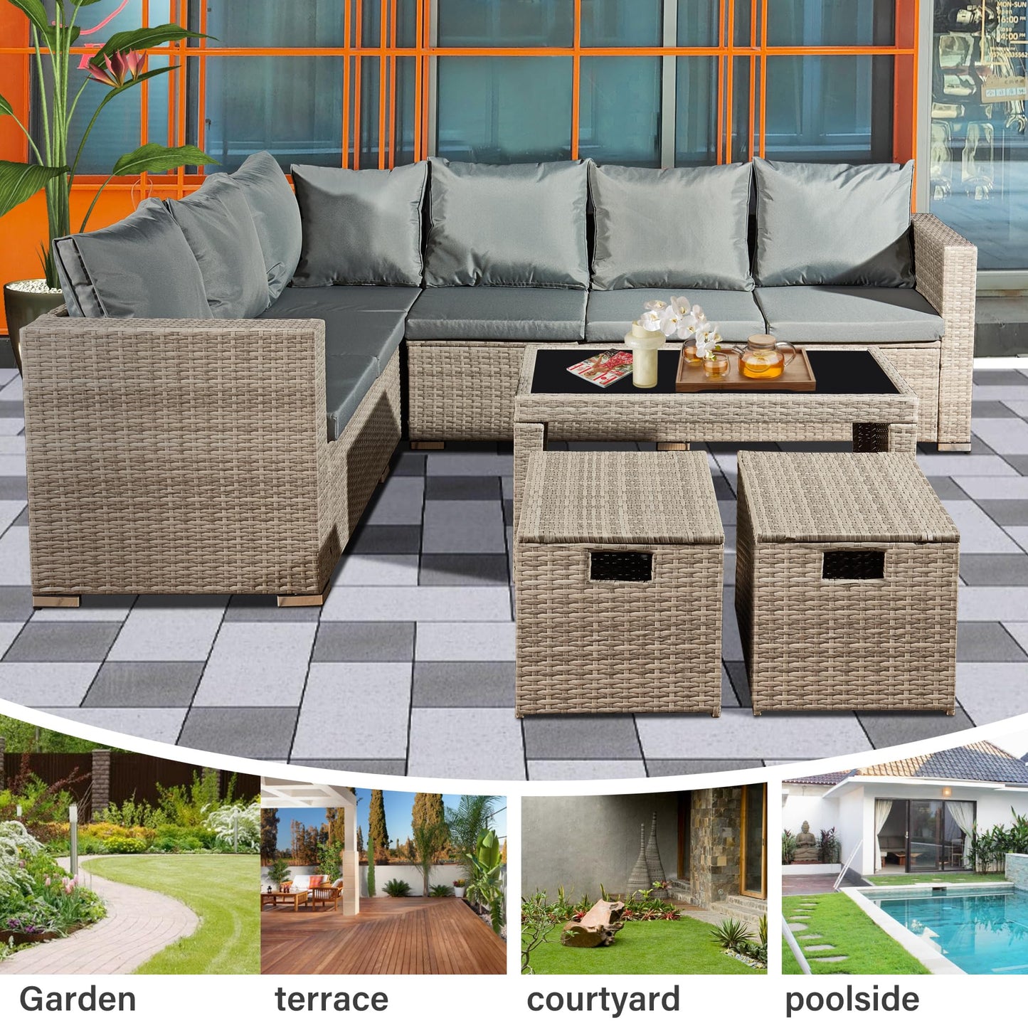 Aweather 8 Seater Rattan Corner Sofa Set Rattan Garden Furniture Set with Modern Glass Coffee Table and Washable Cushions (Gray)