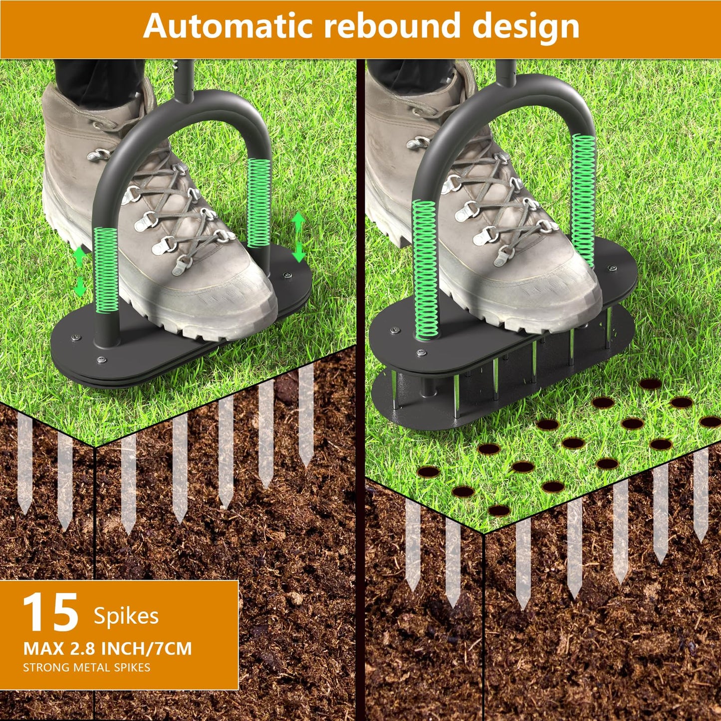 seasky Lawn Aerator Automatic Dirt and Leaf Clean Design,Pre-Assembled 15 Iron Spikes Metal,Soil Lawn Aerating Tools for Yard Lawn and Garden