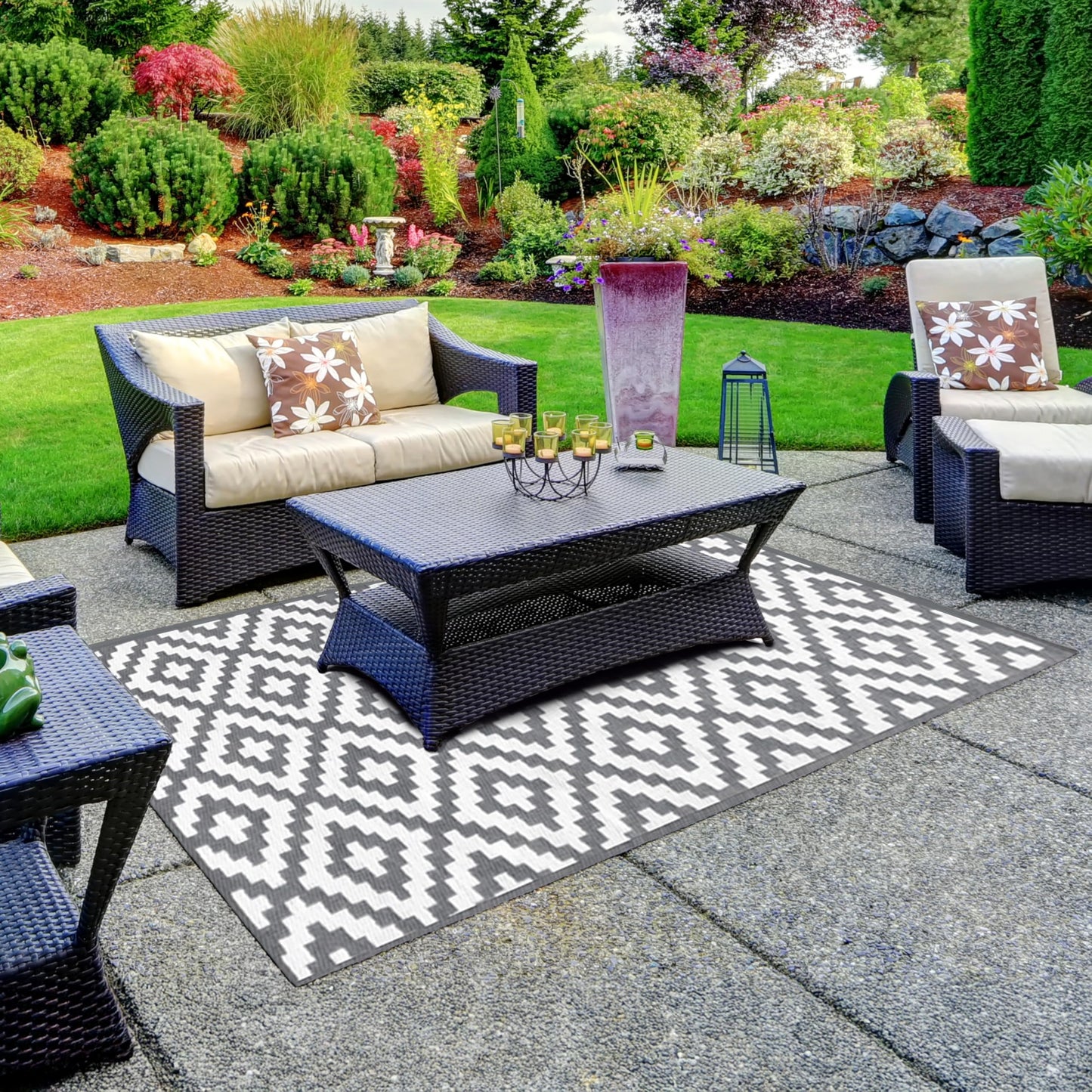 Marco Paul Large Outdoor Garden Rug Reversible Recycled Plastic Camping and Picnic Rugs, Patio, Decking Stain And Water Resistant Alfresco Grey Aztec Mat 150 x 210cm