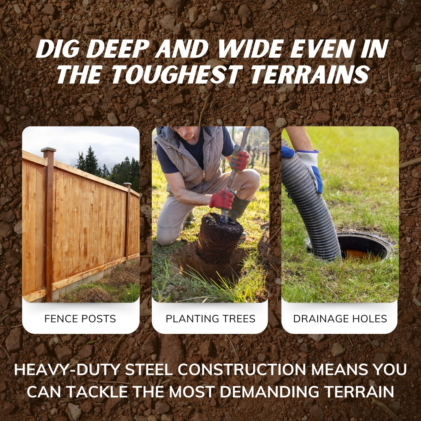 Dealourus 65cc 2-Stroke Petrol Earth Auger – Heavy-Duty Fence Post Hole Digger with 3 Auger Drill Bits & Extension Pole