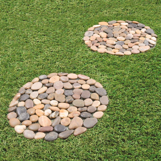 2 x Round Pebble Stepping Stones - Naturally Polished River Rock Weatherproof Outdoor Garden Pathway Slabs with PVC Backing – Each Measure 33cm Diameter