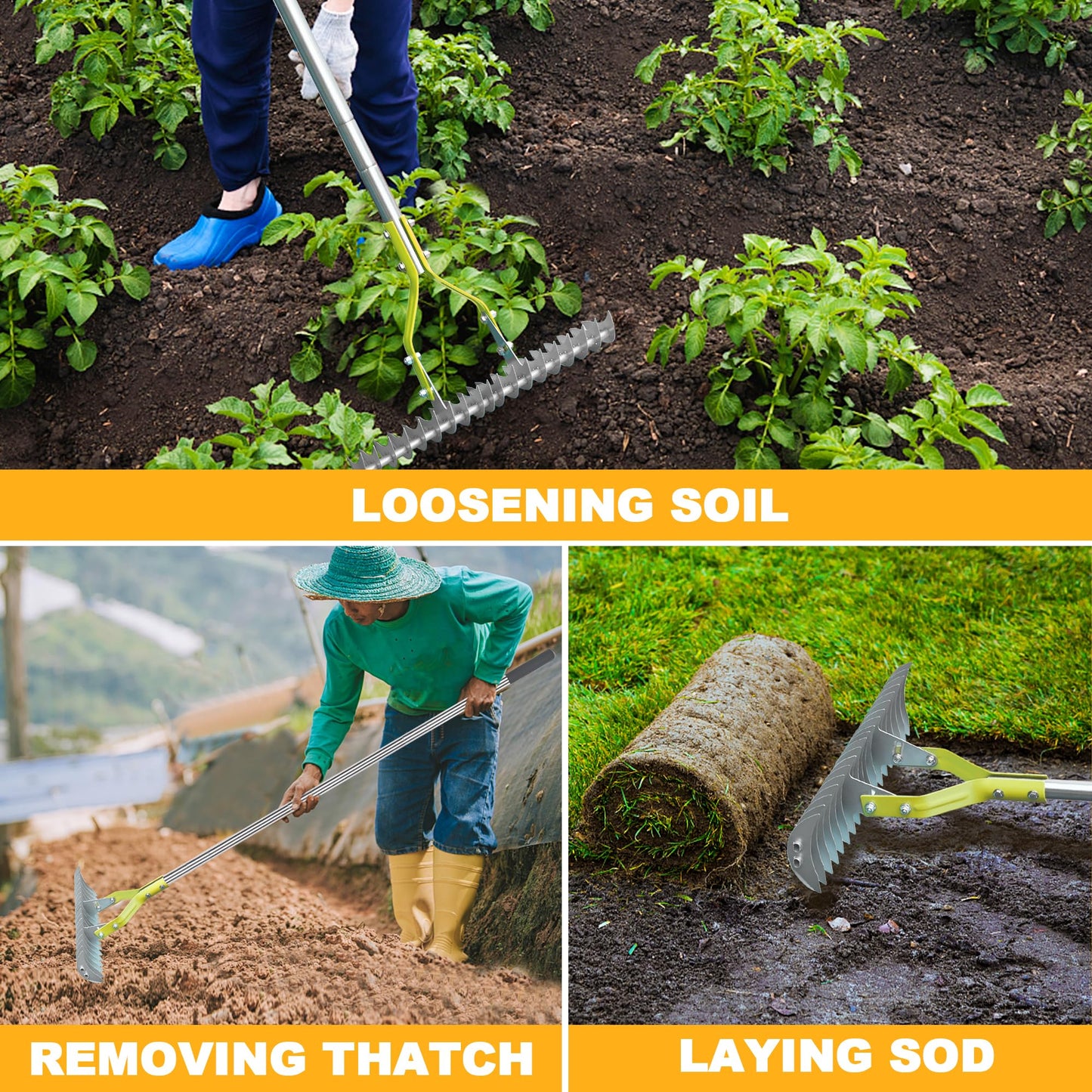 BARAYSTUS Straw Rake, Lawn Rake with 148 cm Adjustable Long Handle Robust Garden Leaf Grabber Made of Carbon Steel, Multi-Purpose Lawn Comb for Weeding, Fertilising Lawn Thatching Rake Cleaning Dead