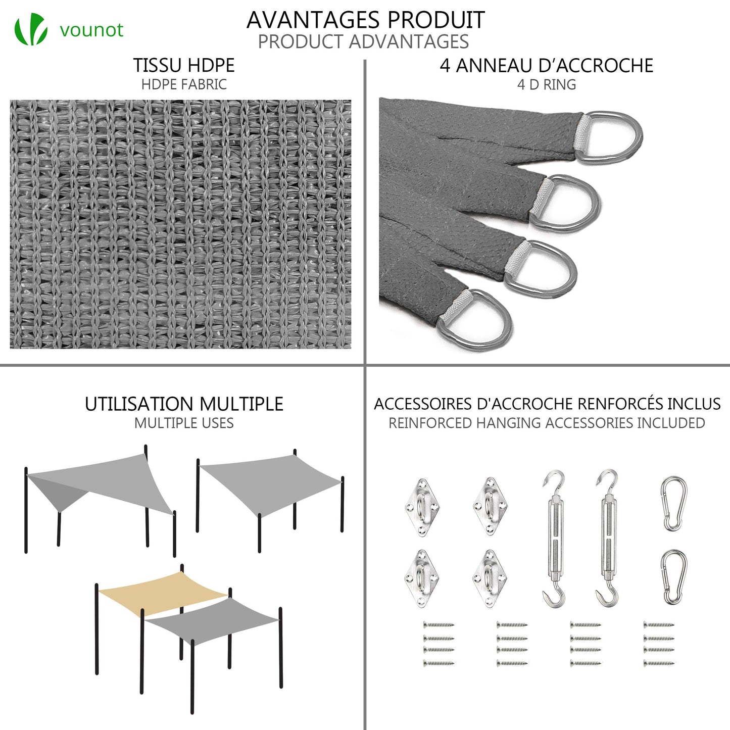 VOUNOT® Sun Shade Sail Rectangle with Fixing Kit, 95% UV Block Breathable HDPE Awning, Sunscreen Canopy for Outdoor Garden Patio Lawn, Grey 3x2.5 m