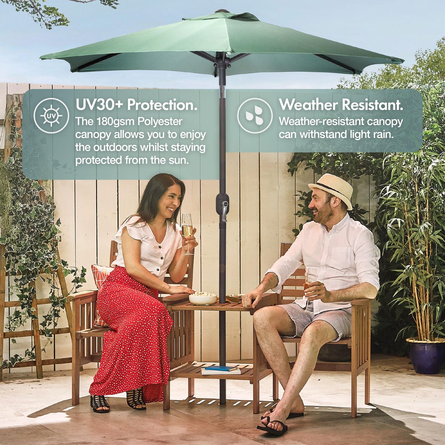 VonHaus Parasol 2M – Parasol Umbrella for Outdoor, Garden, Patio – Sun Shade Canopy with Hand Crank, Tilt Function, UV30- Protection, Air Vent, Powder Coated Steel Frame - Dark Green