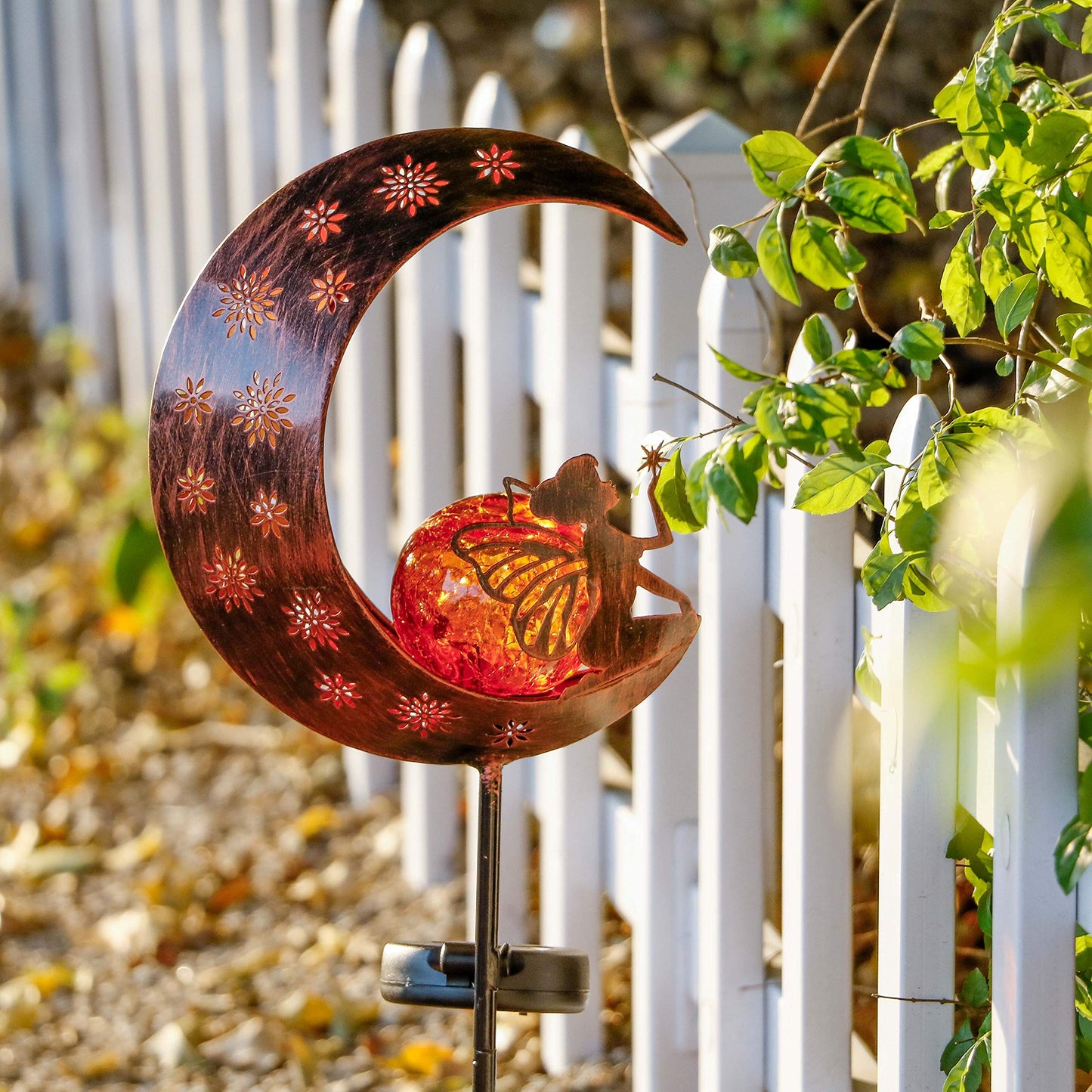 TERESA'S COLLECTIONS Large Garden Ornaments Outdoor, Gifts for Women, Metal Fairy Sitting on Moon Solar Lights Outdoor Garden, Solar Stake Lights with Crackle Glass Ball for Lawn, Path, 40inch
