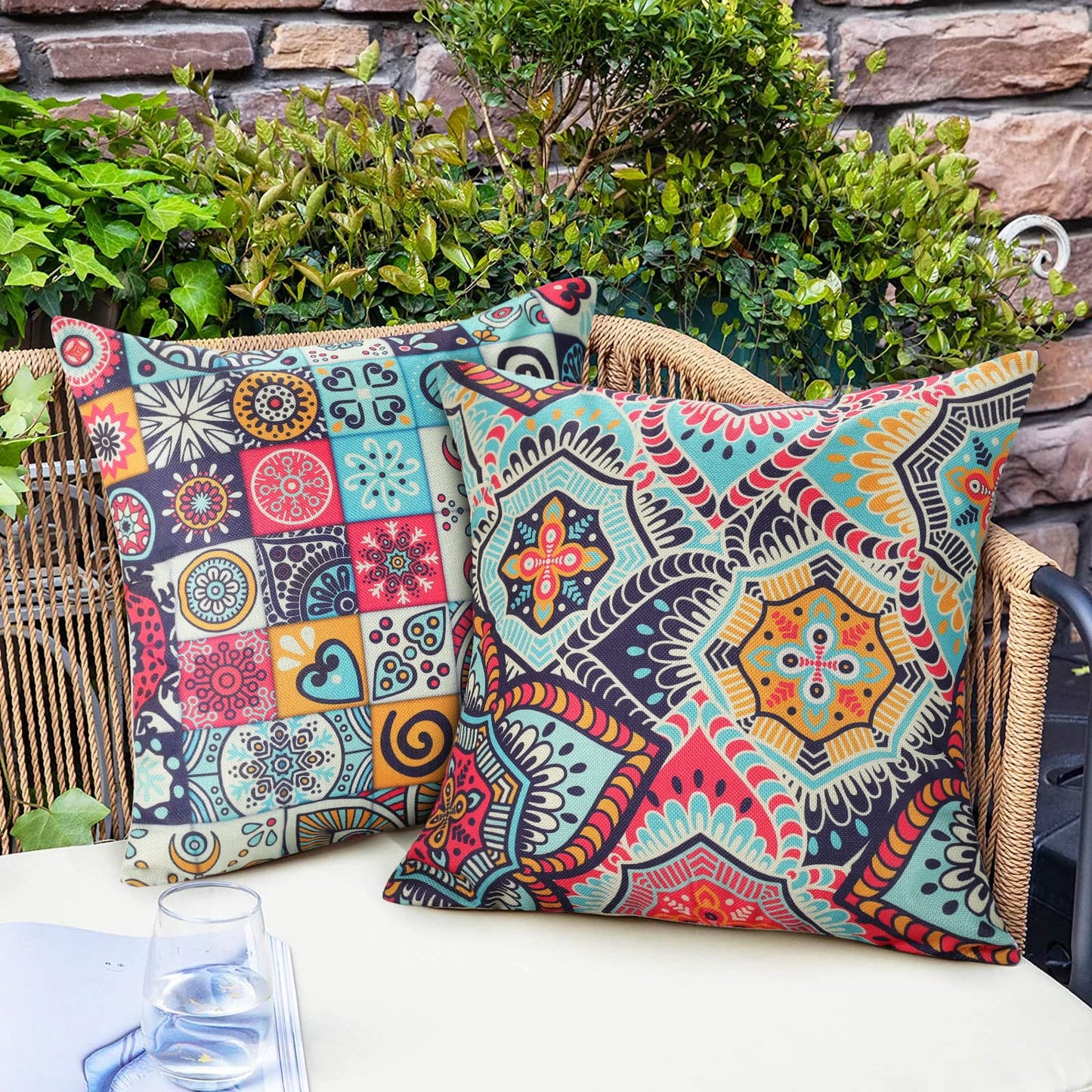 Velvhom Pack of 4 Outdoor Waterproof Cushion Covers 45 x 45cm Ethnic Pillow Case Mandala Floral Throw Pillow Cover Colourful Art Modern Hippy for Garden Patio Bench Sofa Outside Furniture