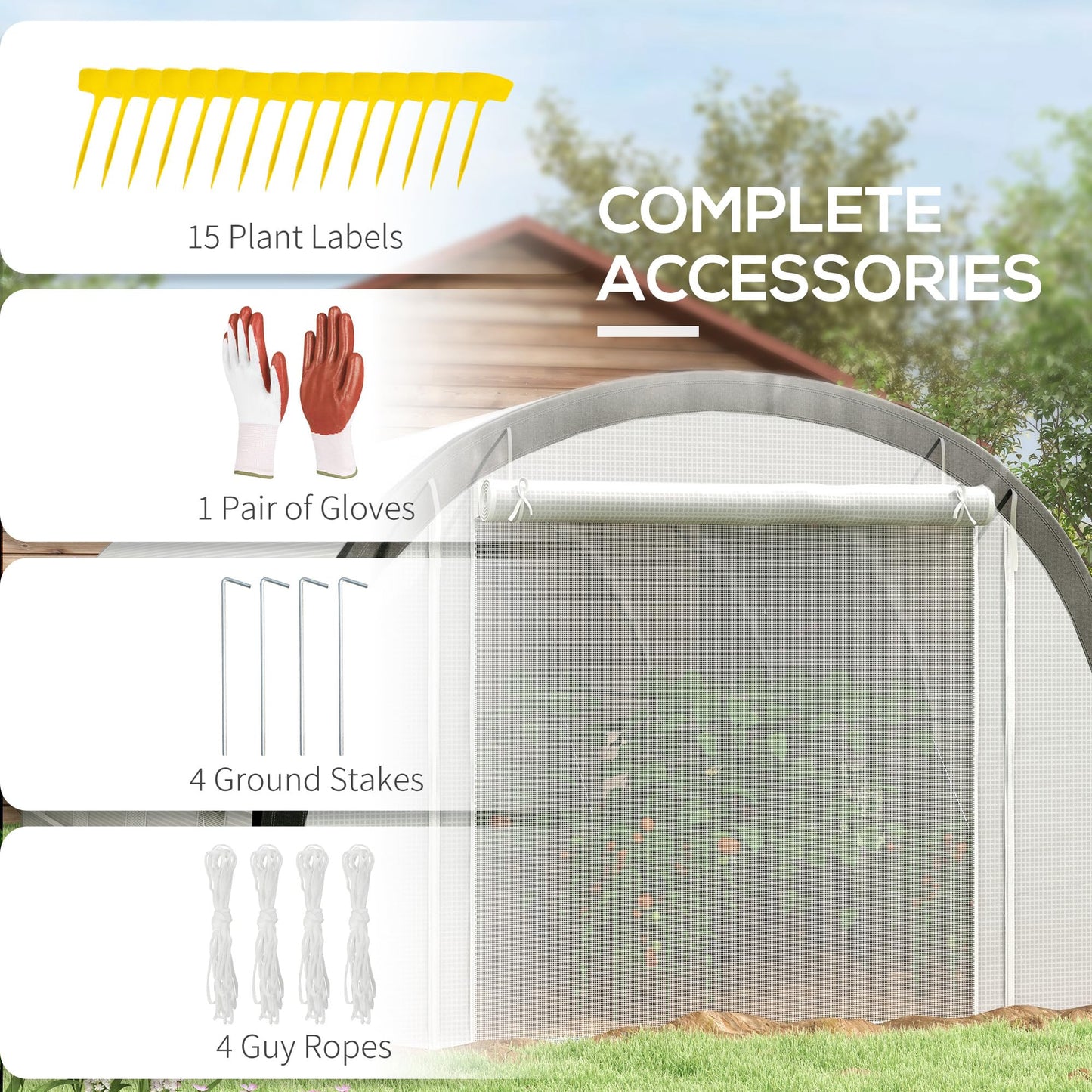 Outsunny 6 x 3(m) Walk-in Polytunnel Greenhouse with Upgraded Structure, Zipped Roll Up Mesh Door, 8 Mesh Windows, Tunnel Warm House Tent with PE Cover, 15 Plant Labels and Gloves, White