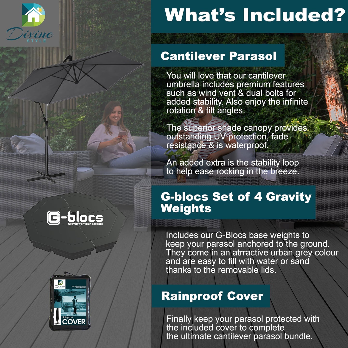 Divine Style 3M Cantilever Parasol with Base Weights Included and Free Waterproof Cover. The Perfect Garden Umbrella Parasol with Superb Stability, Versatility and Sun Shades for Garden