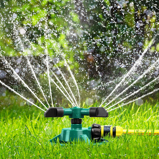 ENJSD Garden Sprinkler, Automatic Lawn Sprinkler, 360 Degree Rotating Durable 3 Arms Adjustable Water Sprinkler Gardening Irrigation System Covering Large Area for Watering Lawn Plants Flowers Veggies