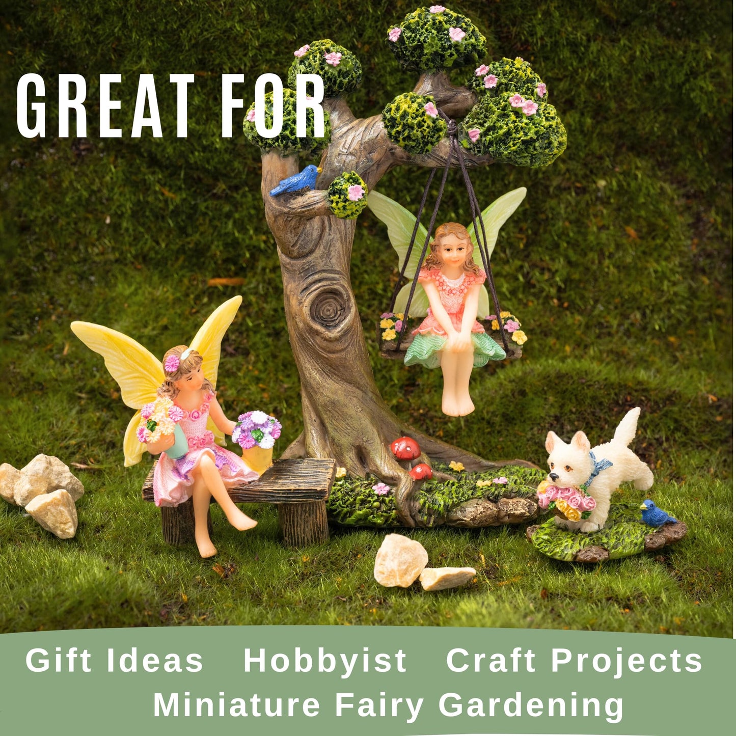 Pretmanns Fairy Garden Ornaments - Outdoor Accessories Kit, 4 Items: Fairies & Tree Swing