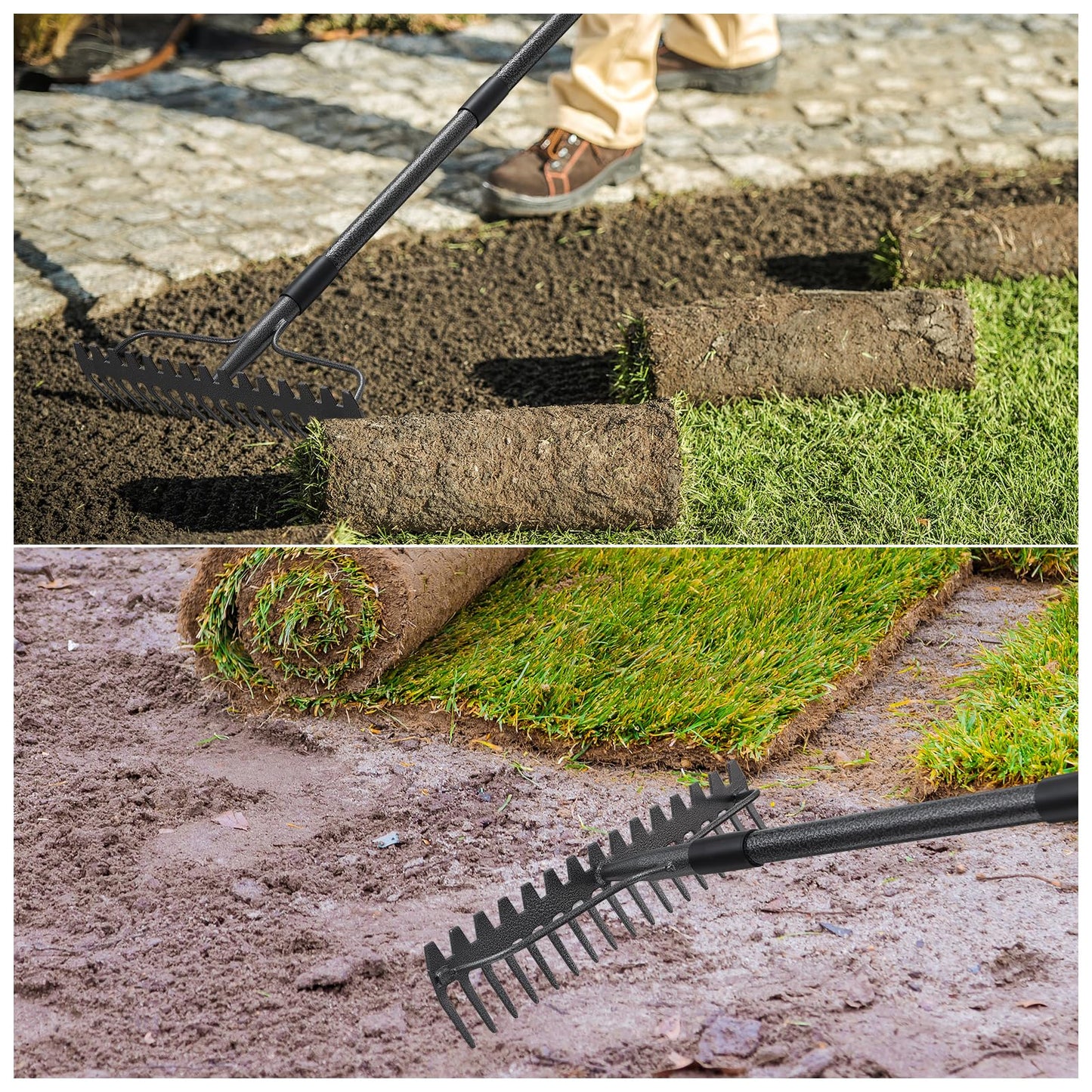 JAOTREL 60'' Bow Rake Heavy Duty Garden Rake with Stainless Steel Handle,Tines Metal Head Rake Tool for Loosening Soil Gathering Leaf Leveling Lawn Farming Land Management Yarn Thatch Rake
