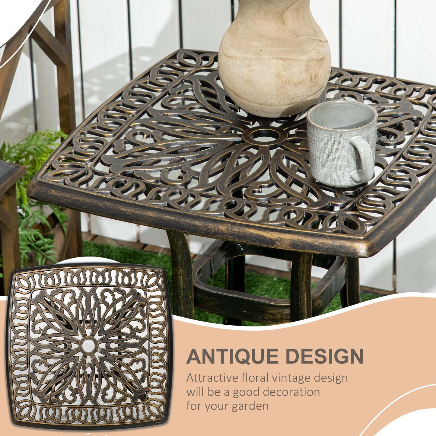 Outsunny Outdoor Garden Table with 38mm Dia. Umbrella Hole, Cast Aluminium Patio End Table with Anti-slip Foot Pads for Garden, Patio, Balcony, 54 x 54cm, Bronze Tone