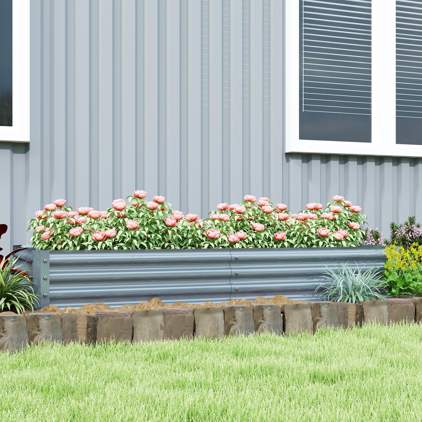 Outsunny Galvanised Raised Garden Bed, 180 x 90 x 30cm Raised Bed with Reinforcing Bars, Outdoor Raised Planter with Open Bottom for Vegetables, Flowers, Herbs, Silver