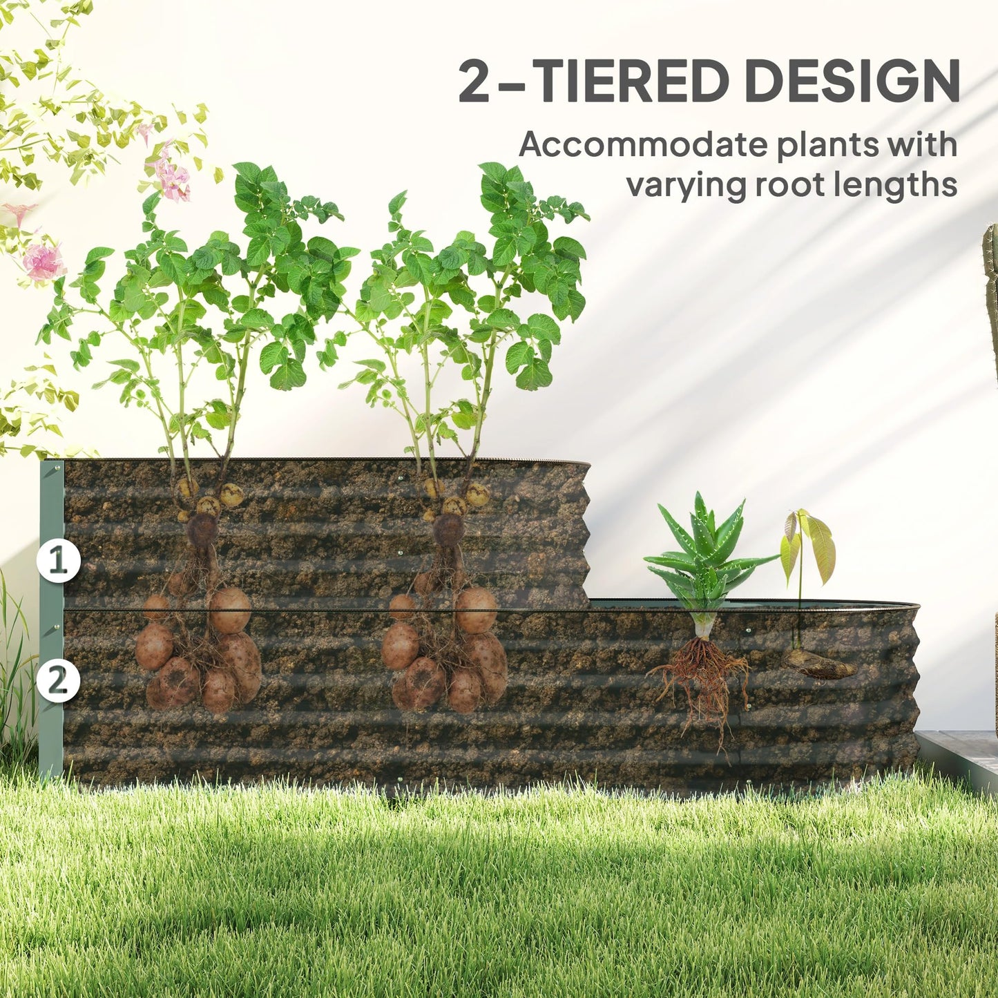 Outsunny 2-Tier Raised Garden Bed, Outdoor Galvanised Planter Box with Safety Edging and Gloves, Metal Raised Bed with Open Bottom for Vegetables, Flowers, Fruits and Herbs, Light Green