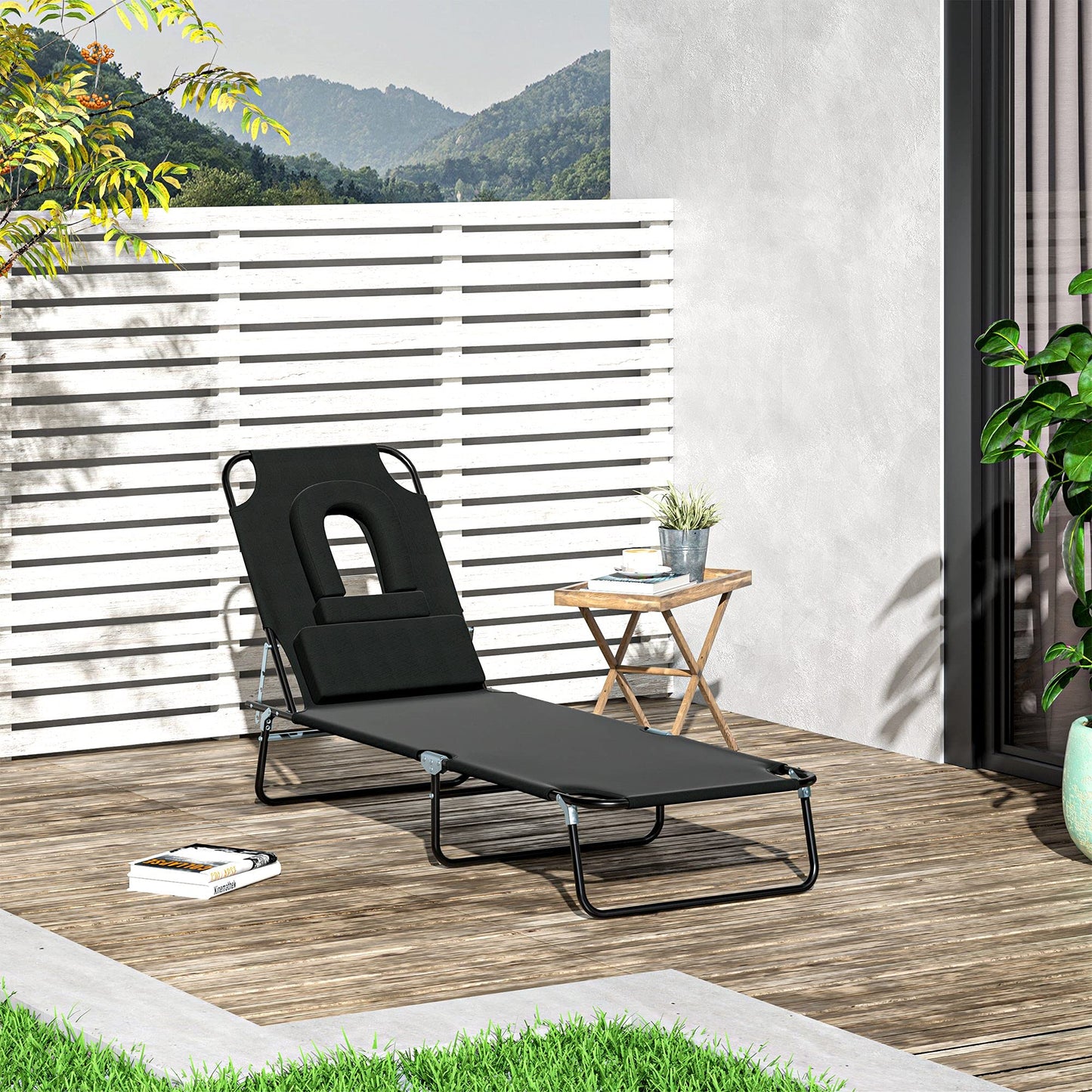 Outsunny Outdoor Folding Sun Lounger with Face Hole, 4 Level Adjustable Backrest Reclining Garden Lounger, Garden Recliner Sunbed with 600 D Oxford Cloth Seat and Pillow for Beach, Black