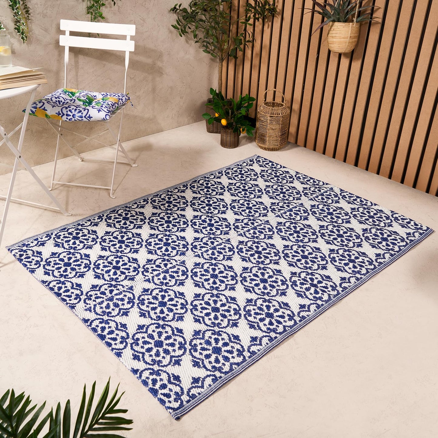OHS Outdoor Rug For Patio Tile Print, Foldable Garden Mat Reversible Decking Outdoor Carpet Non-Slip Waterproof Rug For Balcony Porch Poolside, Blue-120x170cm