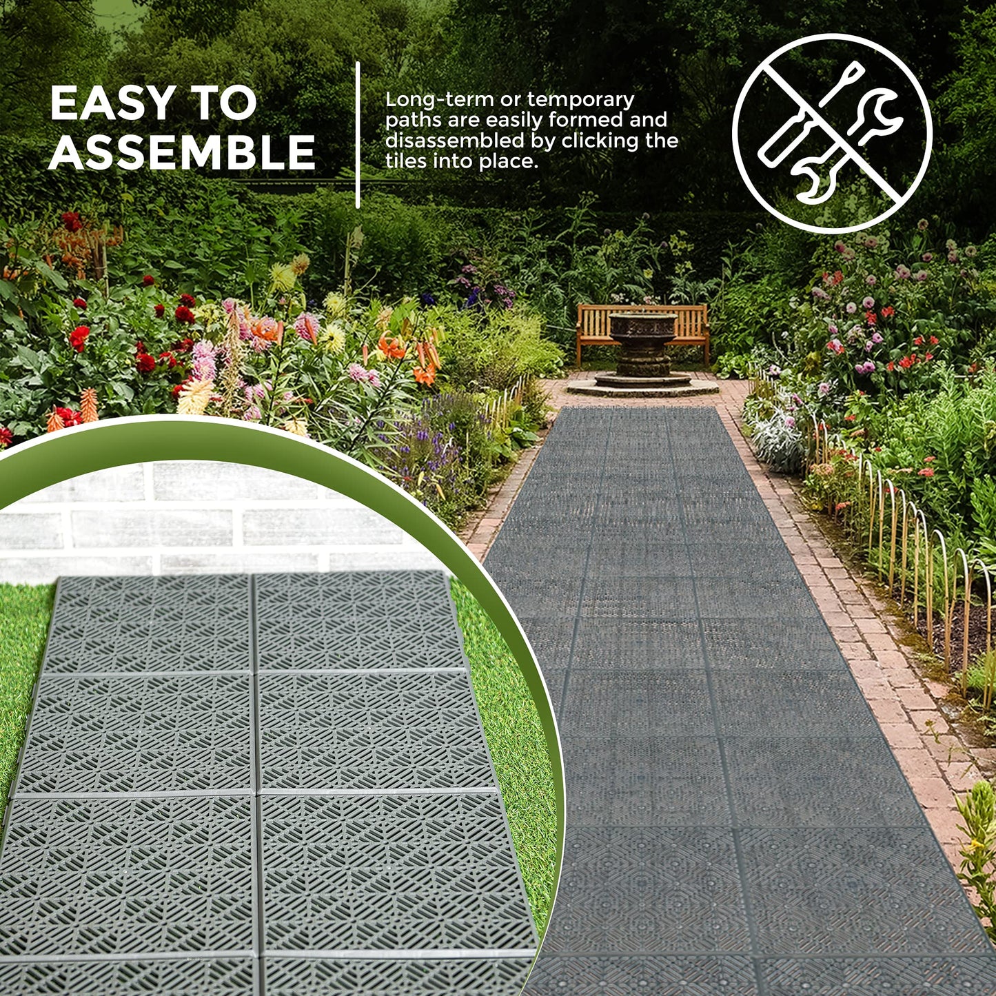 FiNeWaY 9pc Garden Plastic Tiles – Interlocking Non-Slip Walkway Floor Path Patio – Weatherproof – Decorate Garden Vegetable Plot Or Terrace (9pc Grey)