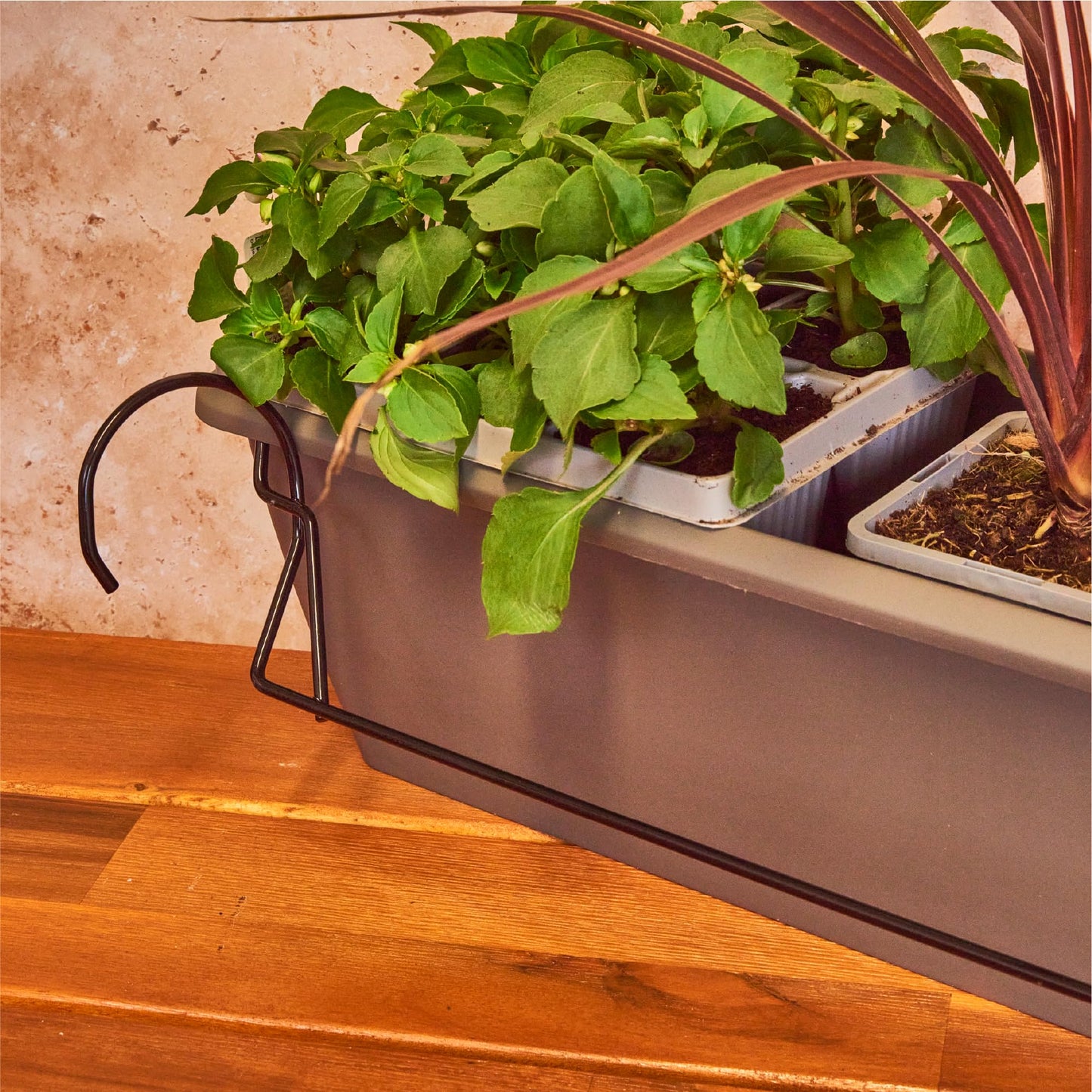 Planters Pride Ovaho 60cm Hanging Plastic Trough, Stone Grey | 26L Railing Planter with Hooks & Water Reserve | Self-Watering Fence Pot with Removable Saucer | Over-Fence Terrace & Balcony Planter