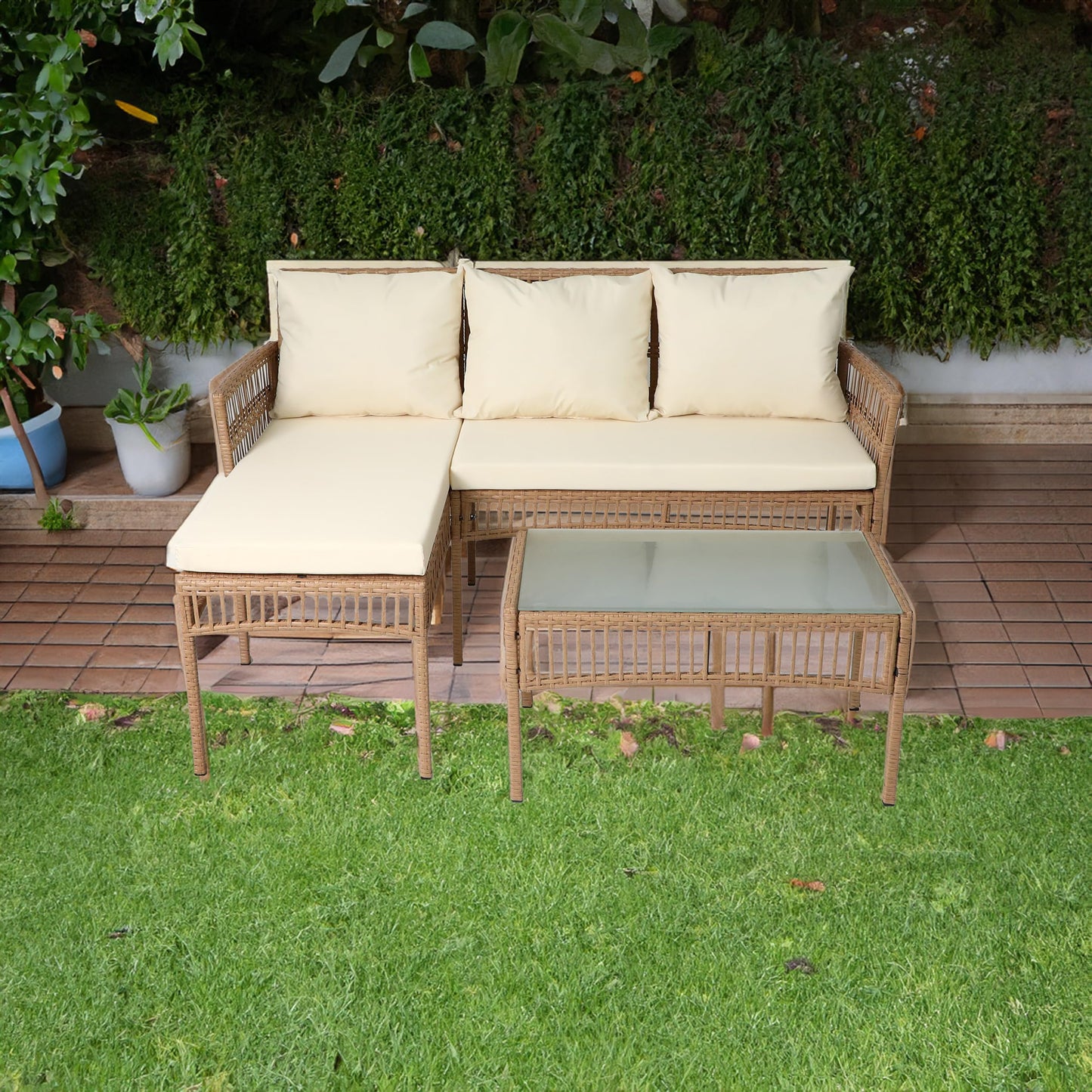 Neo 3 Piece Natural Rattan Wicker Rope Corner L Shaped Sofa Cushions Garden Patio Furniture Set Coffee Table