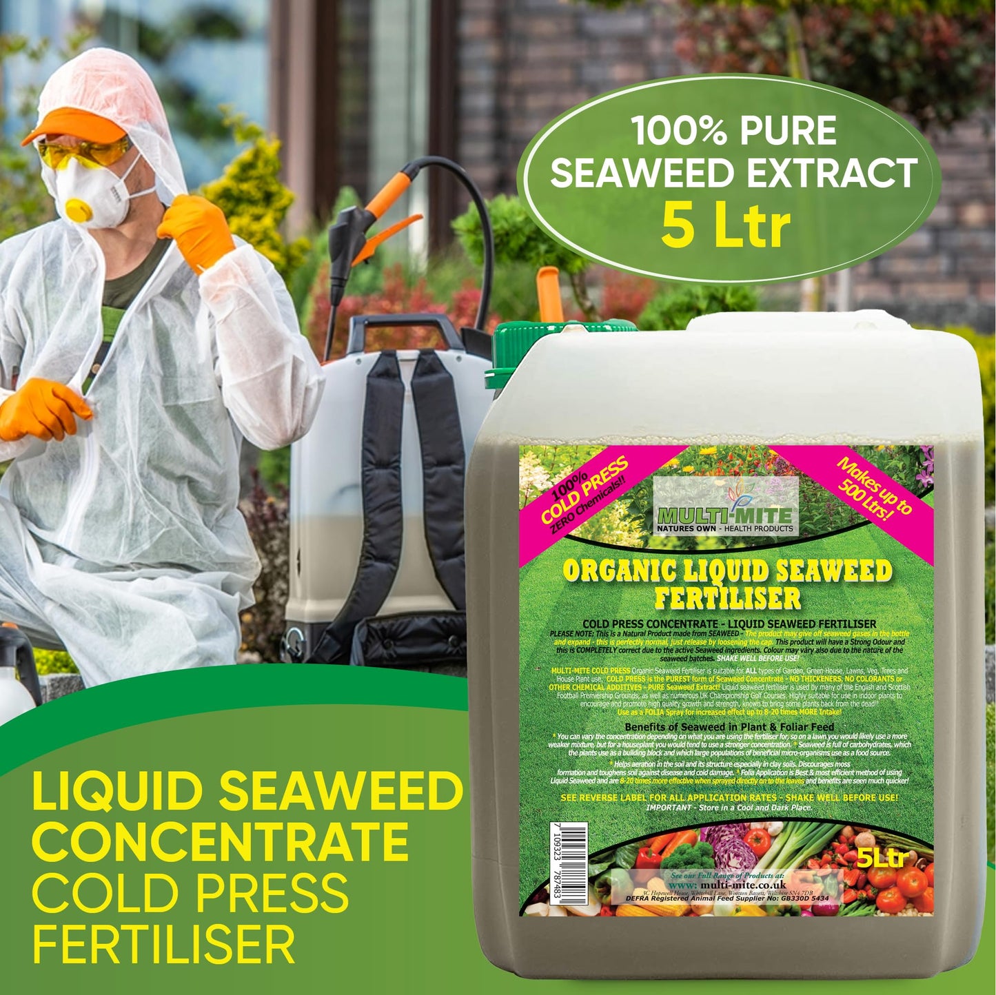 Multi-Mite 5 Ltr Liquid Seaweed -100% Natural & Organic Concentrate Cold Pressed Plant & Soil Fertiliser, Trees Lawn Veg & House Plants Root or Foliar Feeding