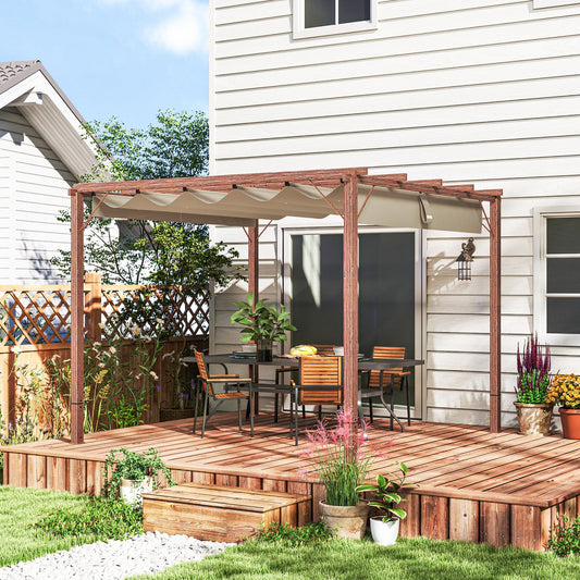 Outsunny 3 x 3(m) Garden Pergola with Retractable Roof Canopy and Wood Grain Aluminium Frame, Outdoor Gazebo Pergola Kit, UPF30- Sun Shade Shelter for Deck, Porch, Natural Wood Finish