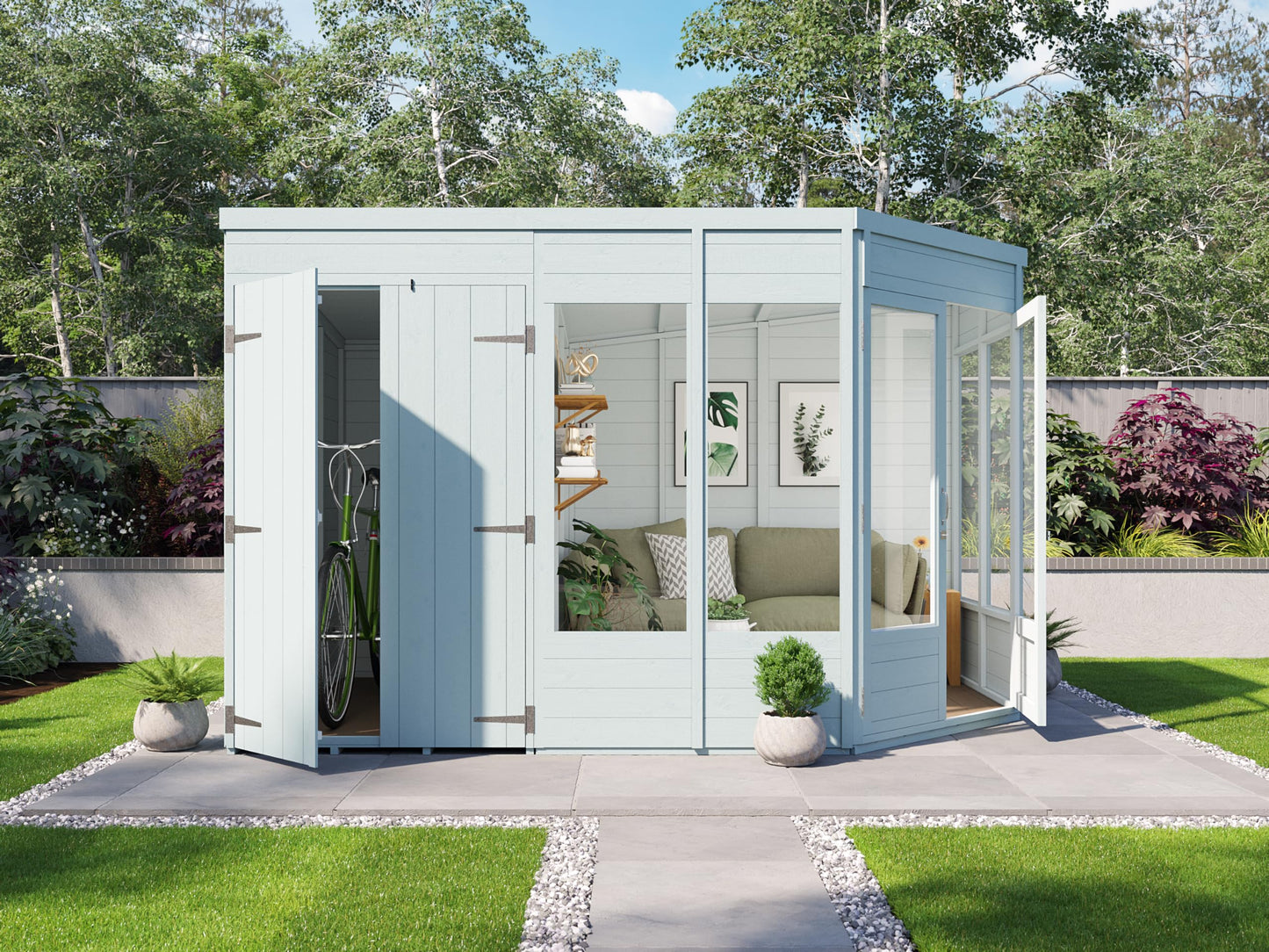 BillyOh Corner Summerhouse Log Cabin with Side Garden Storage Shed 11 x 7 Wooden Summer House Penton Summerhouses 11x7 Spray Treated (Store on Left)