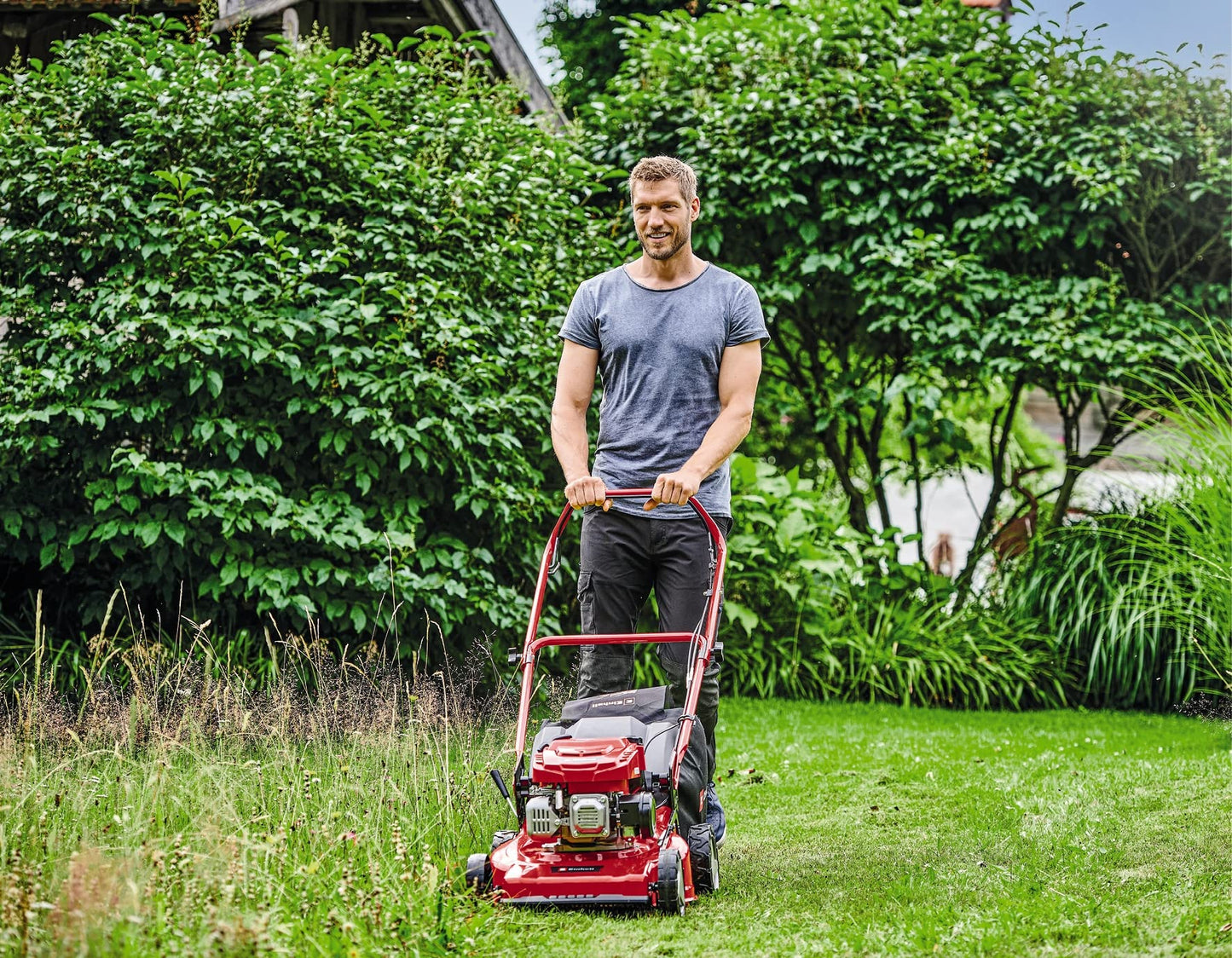 Einhell Self-Propelled Petrol Lawn Mower - 46cm Cutting Width, 4-Stroke Engine, 50 L Grass Box, 9 Cutting Height Levels - GC-PM 46/5 S Powerful Cordless Lawnmower For Large Gardens Up To 1400m²
