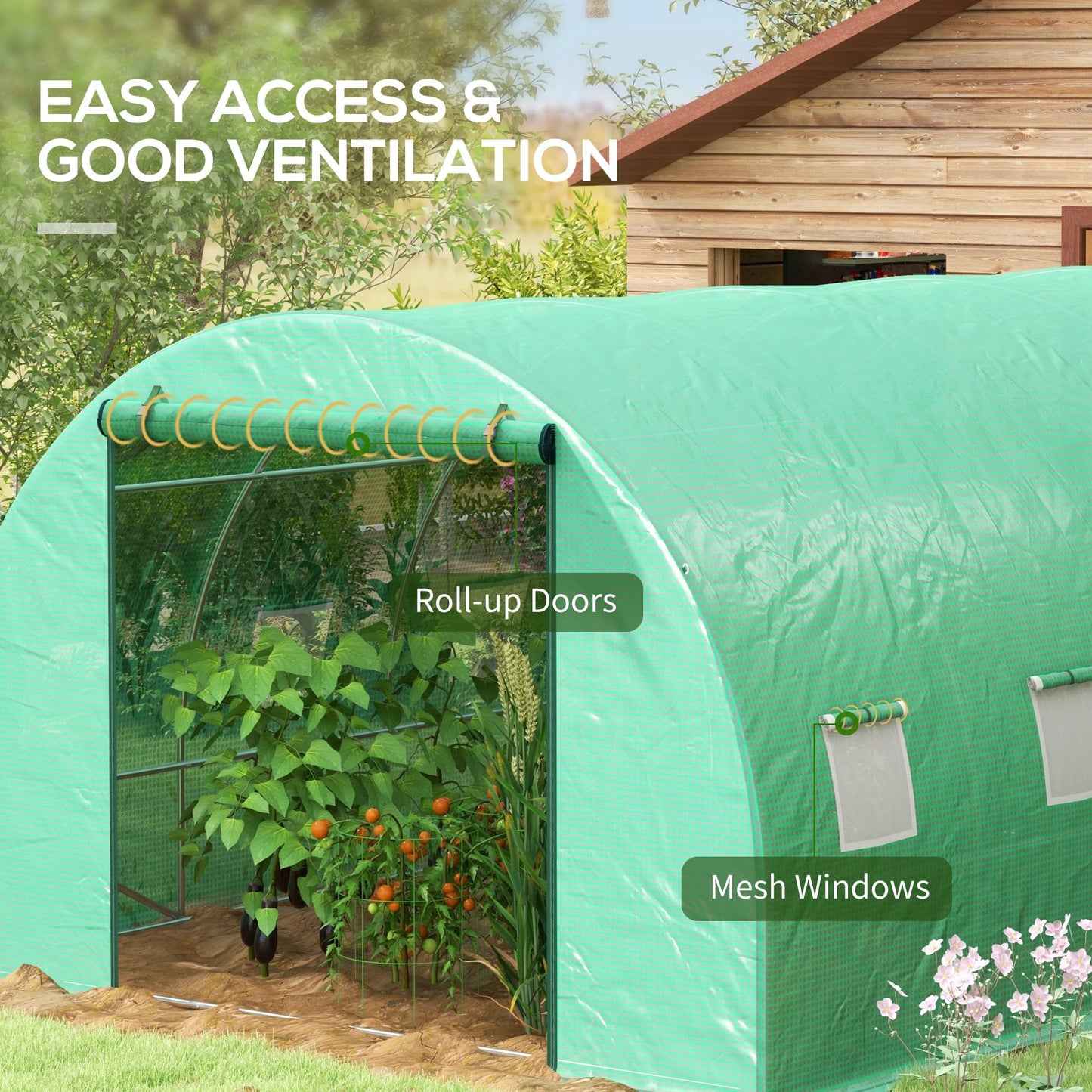 Outsunny 4 x 3(m) Polytunnel Greenhouse with Sprinkler Irrigation System, Walk-in Green House for Garden with Wide Roll-up Door, 8 Mesh Windows, Galvanised Steel Frame, Green
