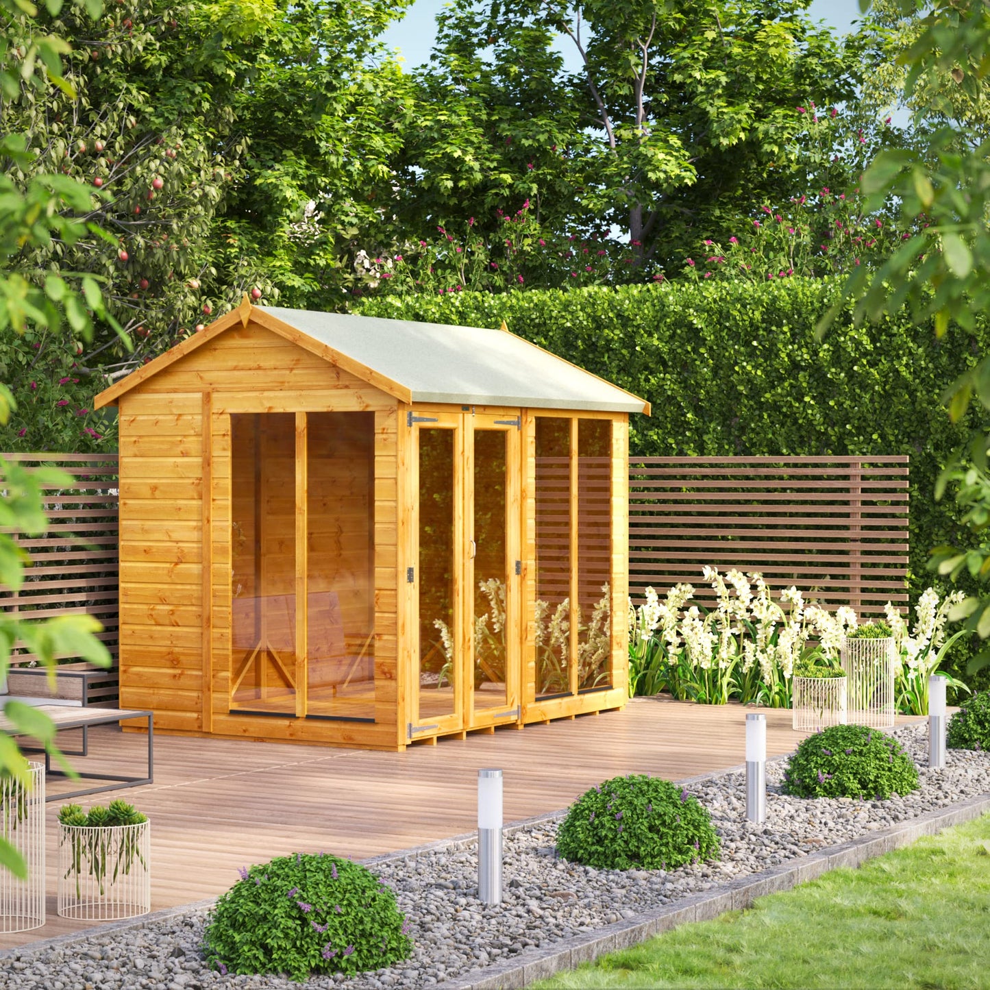Powersheds High Grade Premium Apex Summer House Wooden Shed with Security Features, PVC Window Sills, Door & Window Flexibility, made from Extra Thick Timber
