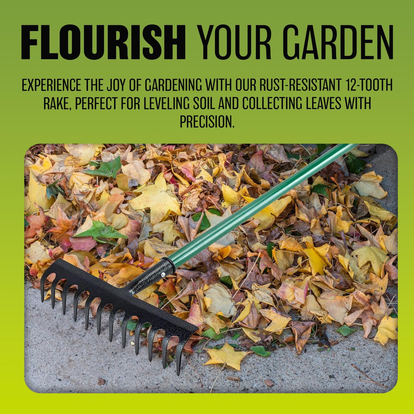 12 Teeth Lawn Rake with PVC Grip - Shaft Garden Handle Leaf Metal Head Carbon Steel Heavy Duty Raker | Gardening Hand Tool | for Raking, Weed Removal and for Working the Soil Grass Leaves