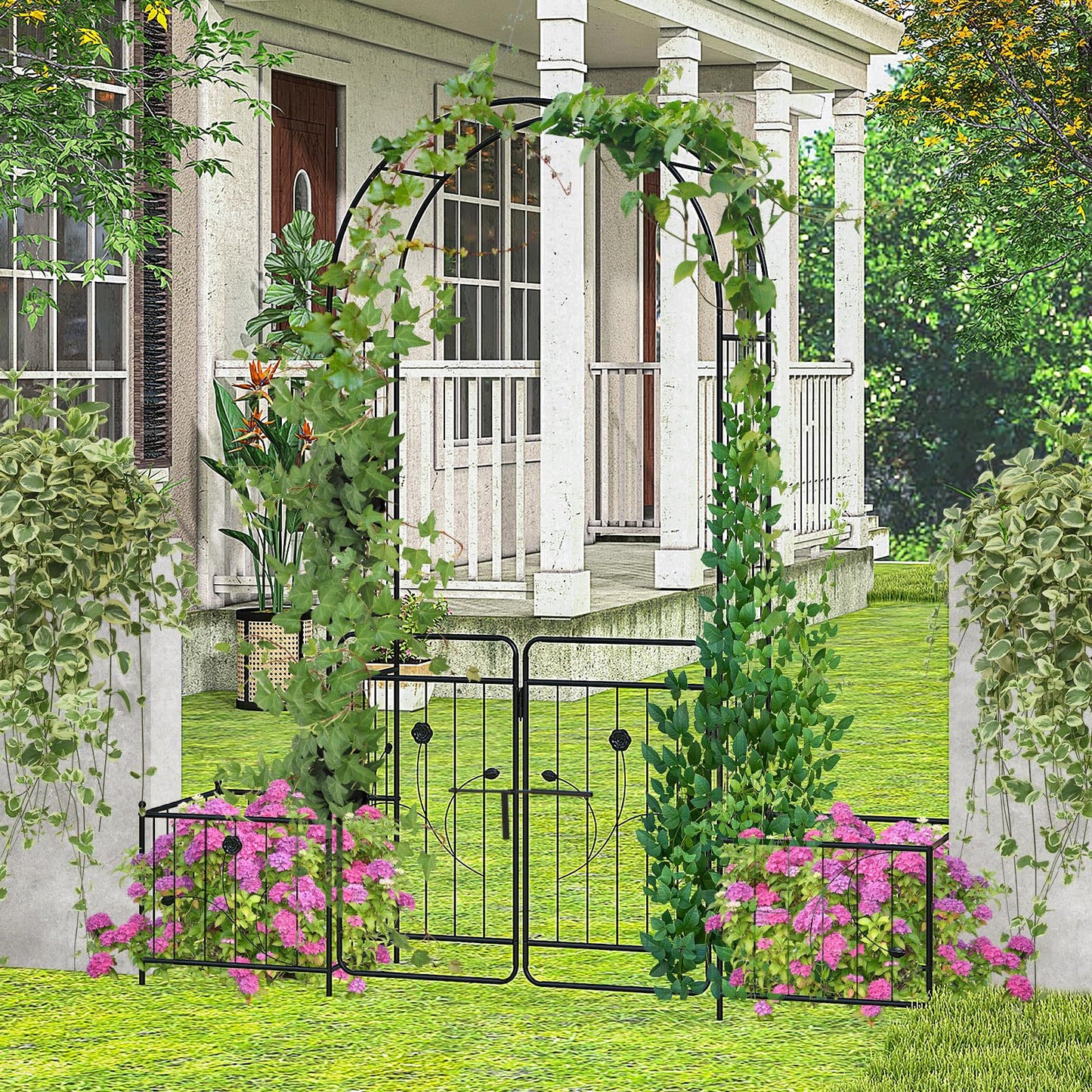 COSTWAY Garden Arch with with Gate and Planter Boxes, 2.2M Metal Pergola Arbor Trellis for Climbing Plant Rose Vines, Plants Support Archway for Lawn Backyard Party Wedding