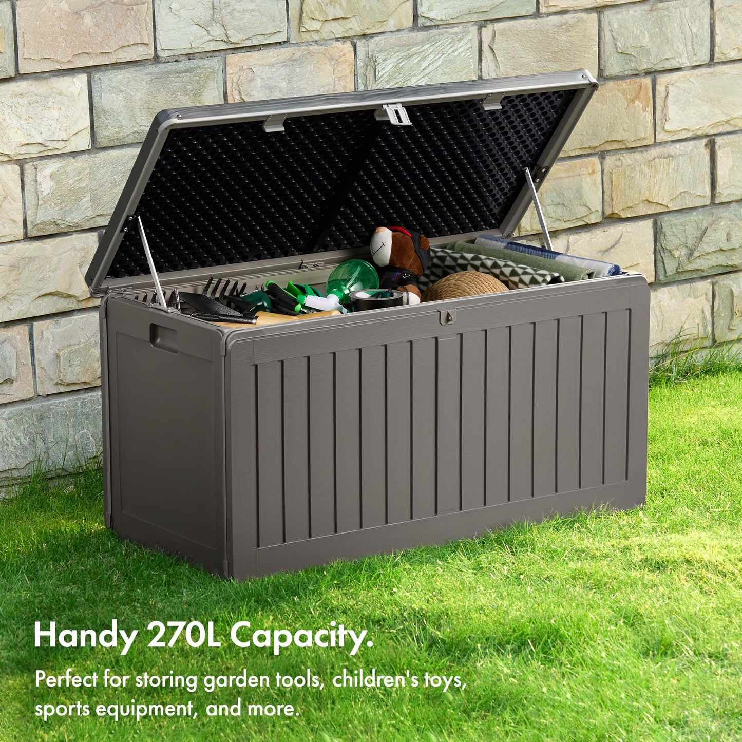VonHaus Garden Storage Box 270L – Outdoor Utility Chest Organiser – Weatherproof Plastic, Lockable Lid, Sliding Bar Hinge, Carry Handles, Portable – For Garden, Patio, Balcony, Decking – Grey, Black