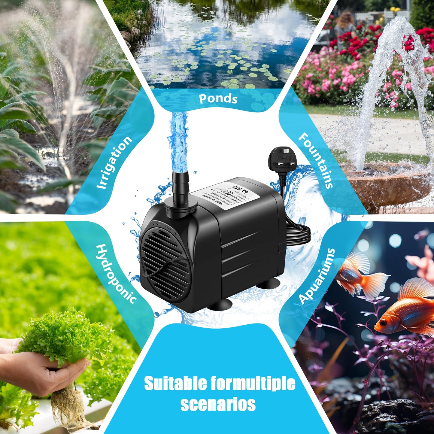 Lnicez Submersible Pump Max 2000L/H 25W, Dry Burning Protection, Ultra Quiet Design, 2.2 m High Lift, Fountain Pump for Hydroponics, Ponds, Aquariums,Garden & More PX-025 (No Light)