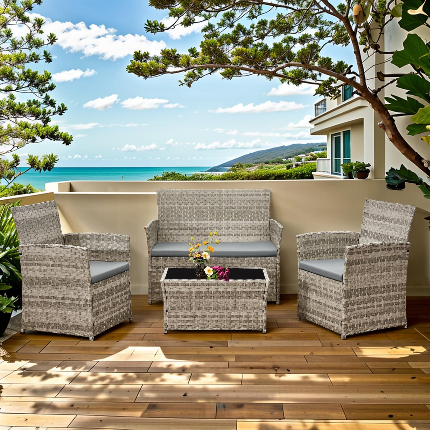 Aweather Rattan Garden Furniture Set Patio Conservatory Balcony Indoor Outdoor 4 Seater Piece Glass Top Coffee Table Modular Sofa Loveseat with Cushions