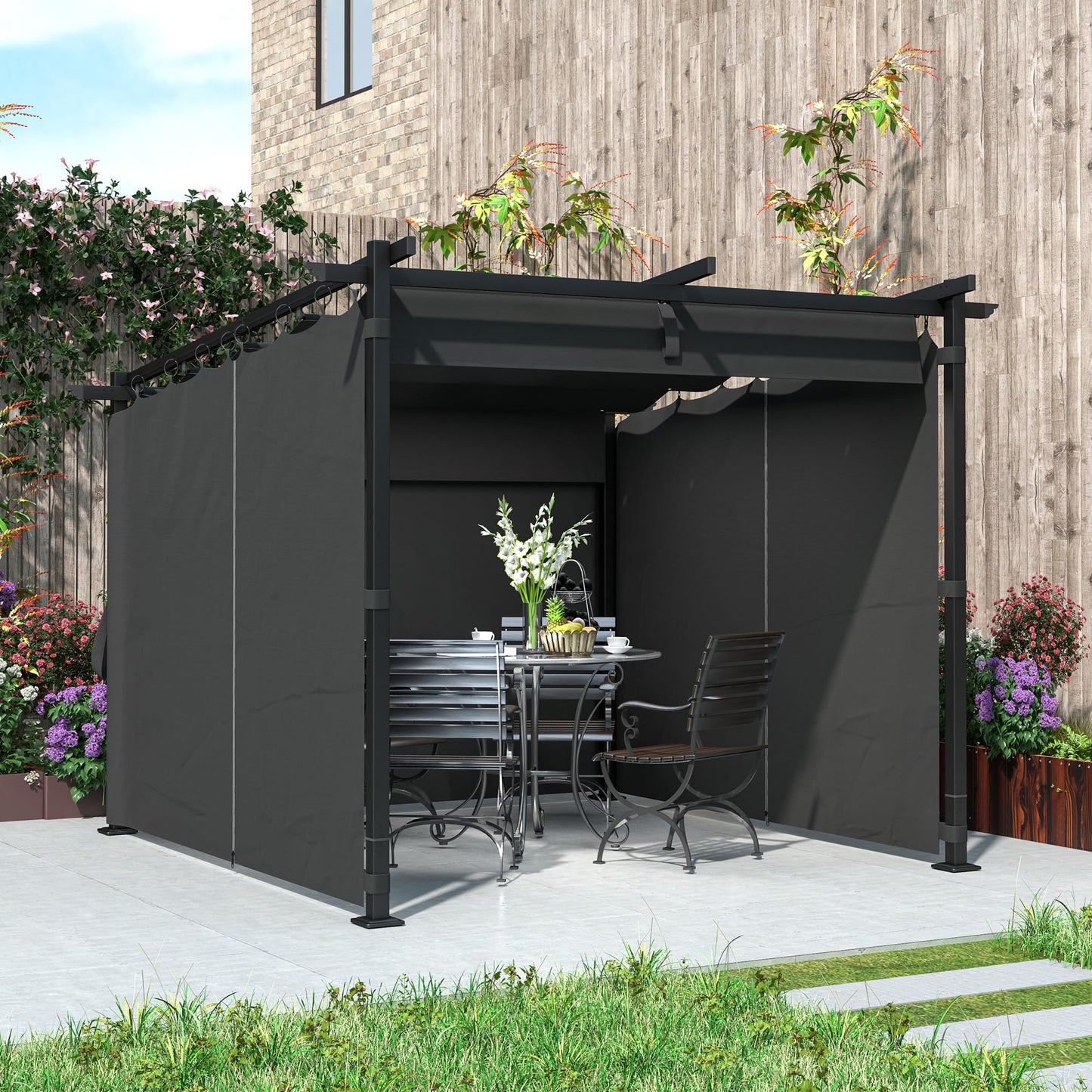 Outsunny 3 x 3(m) Metal Pergola with Retractable Roof and Sidewalls, Garden Gazebo UPF30- Sun Shade Shelter for Outdoor, Patio, Deck, Dark Grey