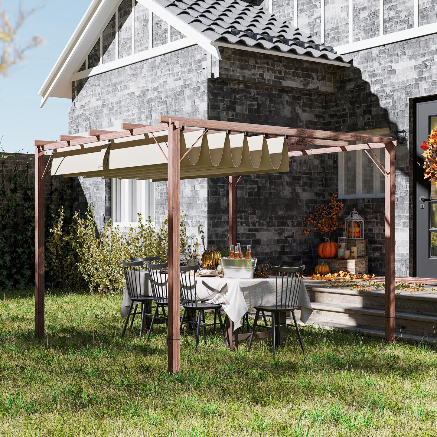 Outsunny 3 x 3(m) Garden Pergola with Retractable Roof Canopy and Wood Grain Aluminium Frame, Outdoor Gazebo Pergola Kit, UPF30- Sun Shade Shelter for Deck, Porch, Natural Wood Finish
