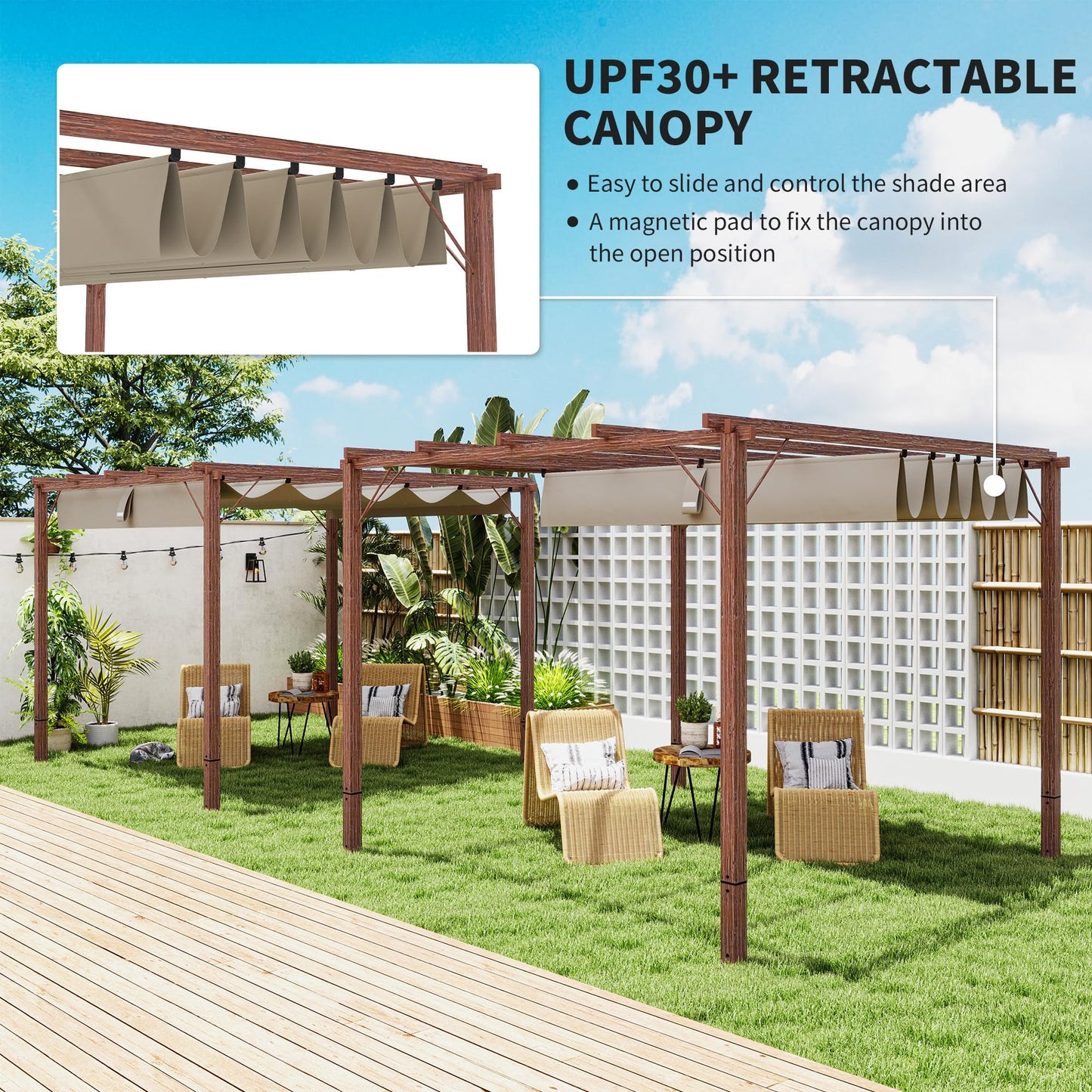 Outsunny 3 x 3(m) Garden Pergola with Retractable Roof Canopy and Wood Grain Aluminium Frame, Outdoor Gazebo Pergola Kit, UPF30- Sun Shade Shelter for Deck, Porch, Natural Wood Finish