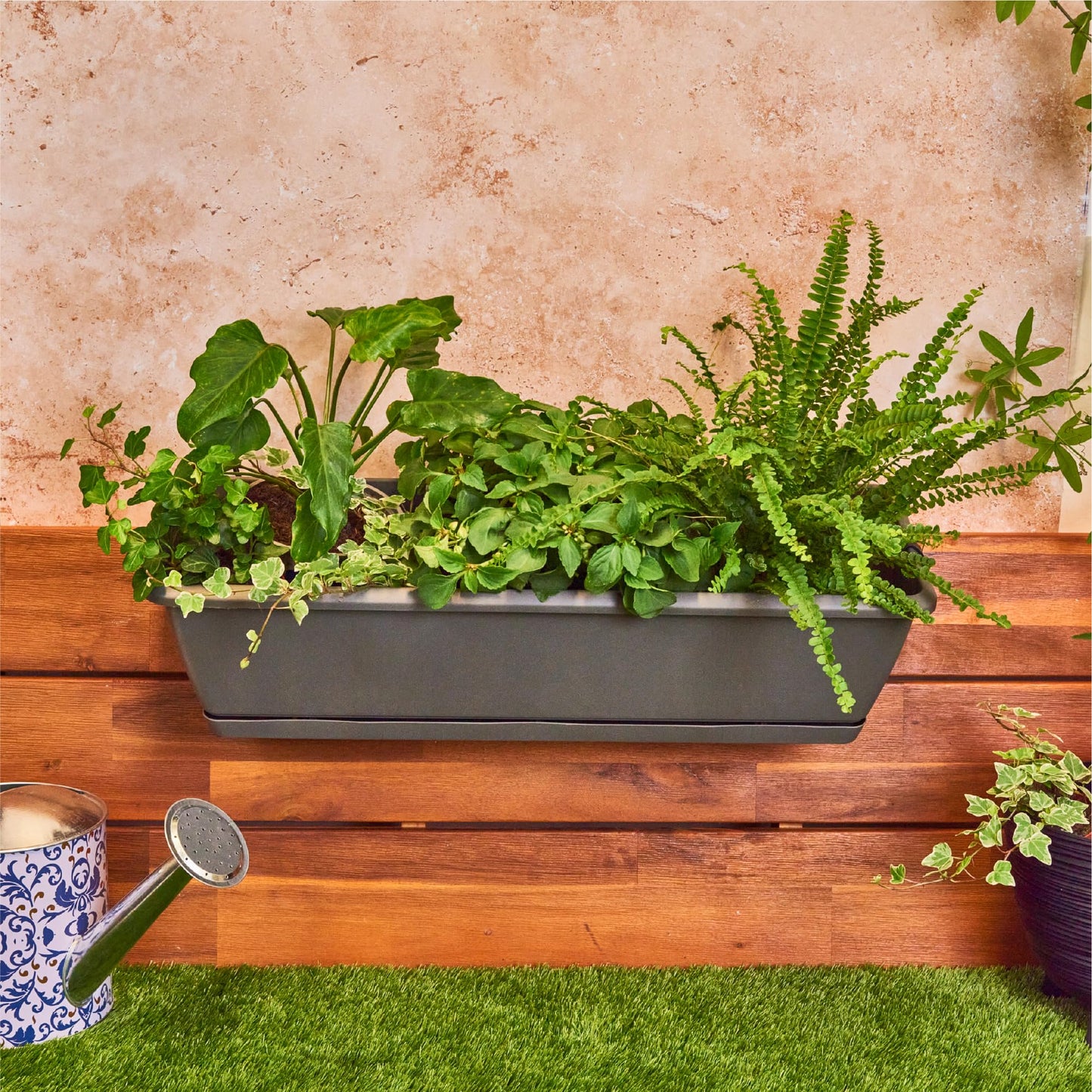 Planters Pride Ovaho 60cm Hanging Plastic Trough, Stone Grey | 26L Railing Planter with Hooks & Water Reserve | Self-Watering Fence Pot with Removable Saucer | Over-Fence Terrace & Balcony Planter