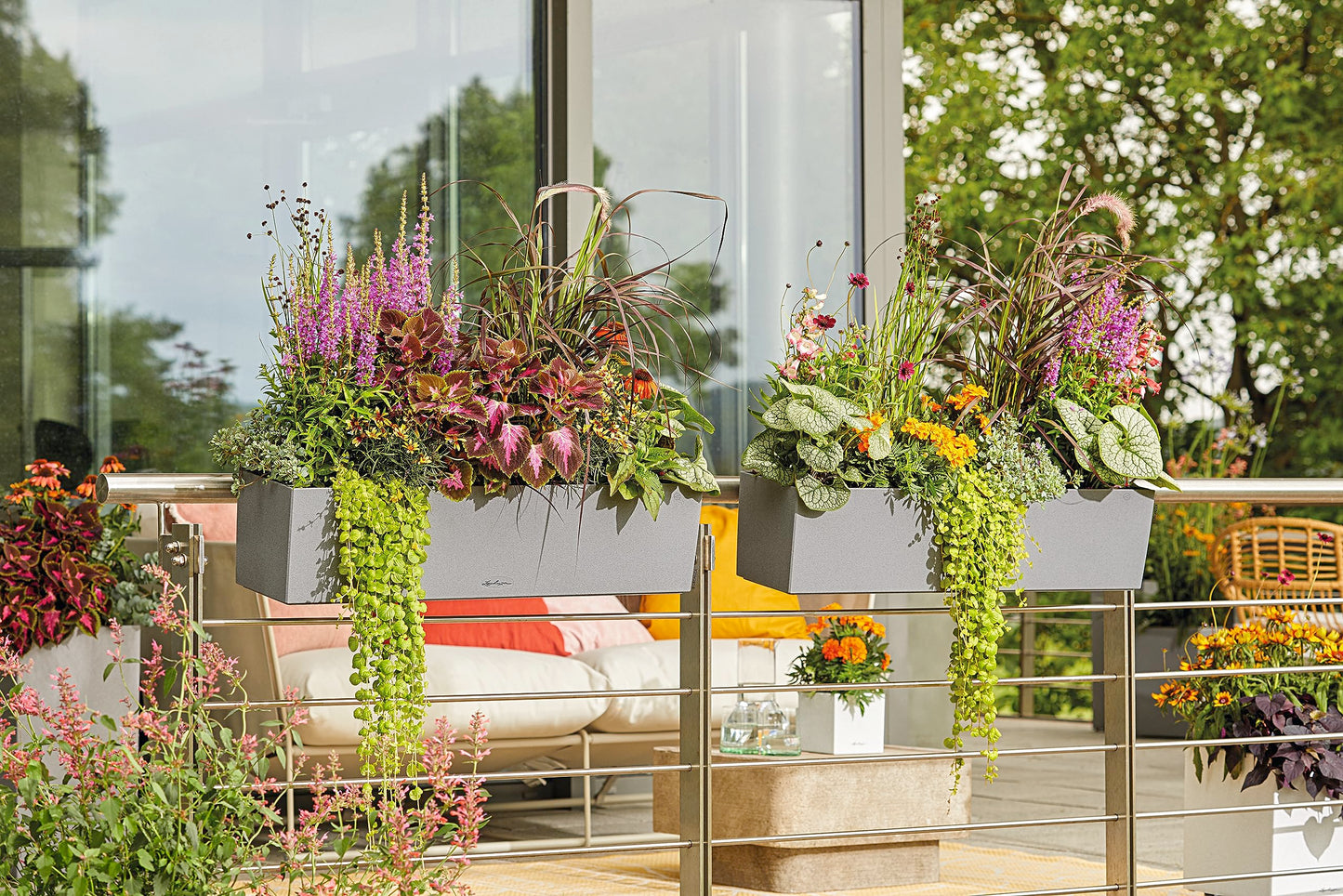 Lechuza BALCONERA Stone 80 Self Watering Planter Plastic Indoor/Outdoor Flower Plant Pot Table and Window Box with Drainage Hole H19 L79 W19 cm Stone Gray