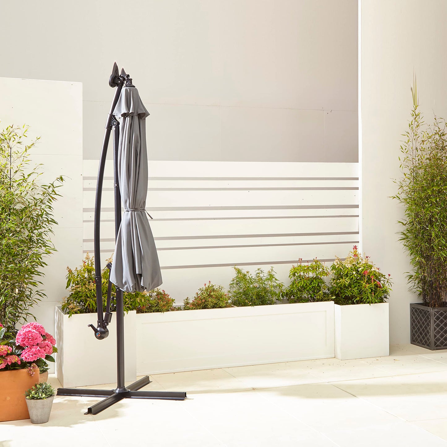 Neo 3M Garden Banana Outdoor Waterproof Freestanding Parasol LED Lights Hanging Cantilever Umbrella Sun Shade with Crank Handle Water Base (Grey)