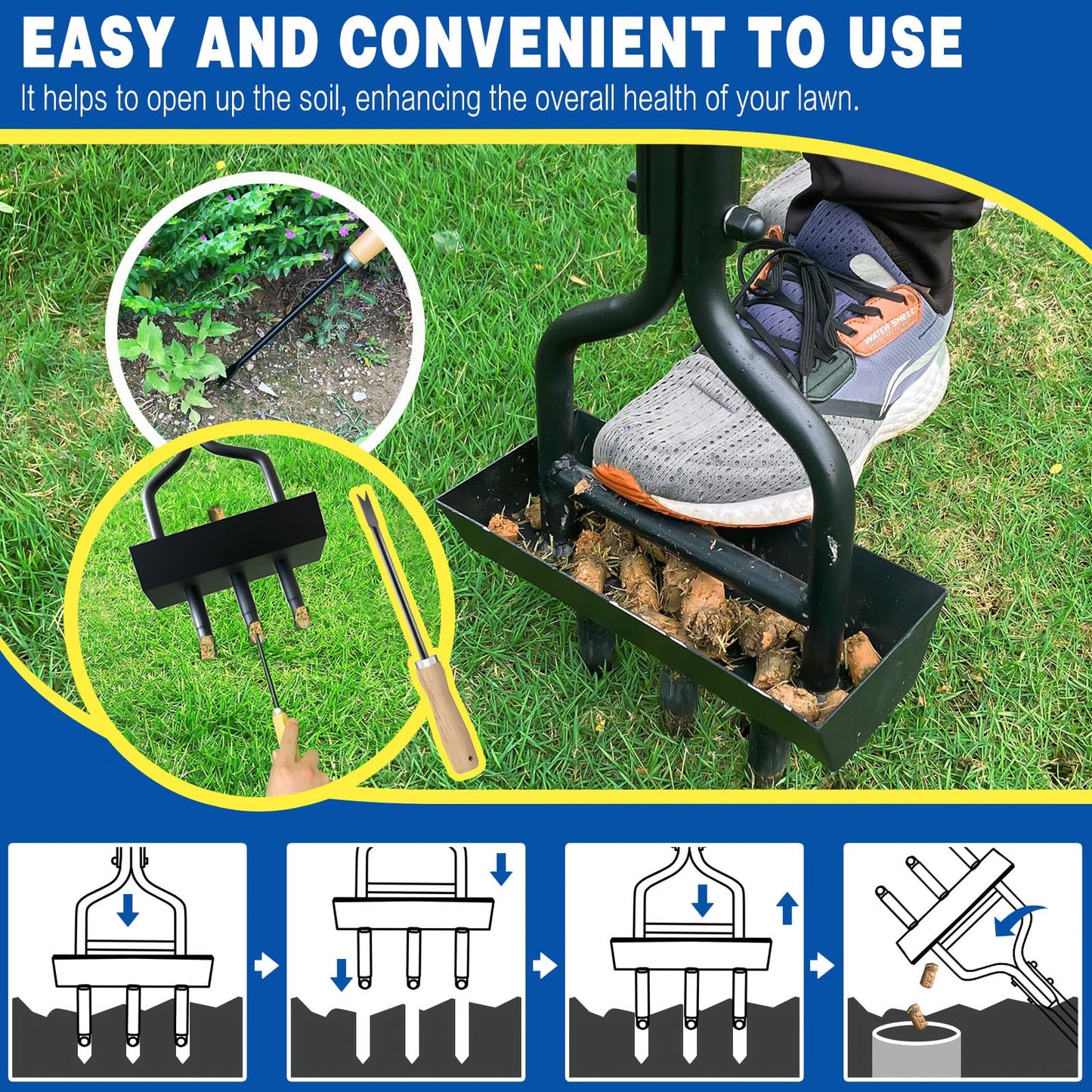 vanpein Lawn Aerator, Coring Manual Hollow Tine Aerator with Soil Column Collection Box, Core Aerating Tool, Heavy Duty Aeration for Compacted Soils and Lawns to Prevent Compaction, Black