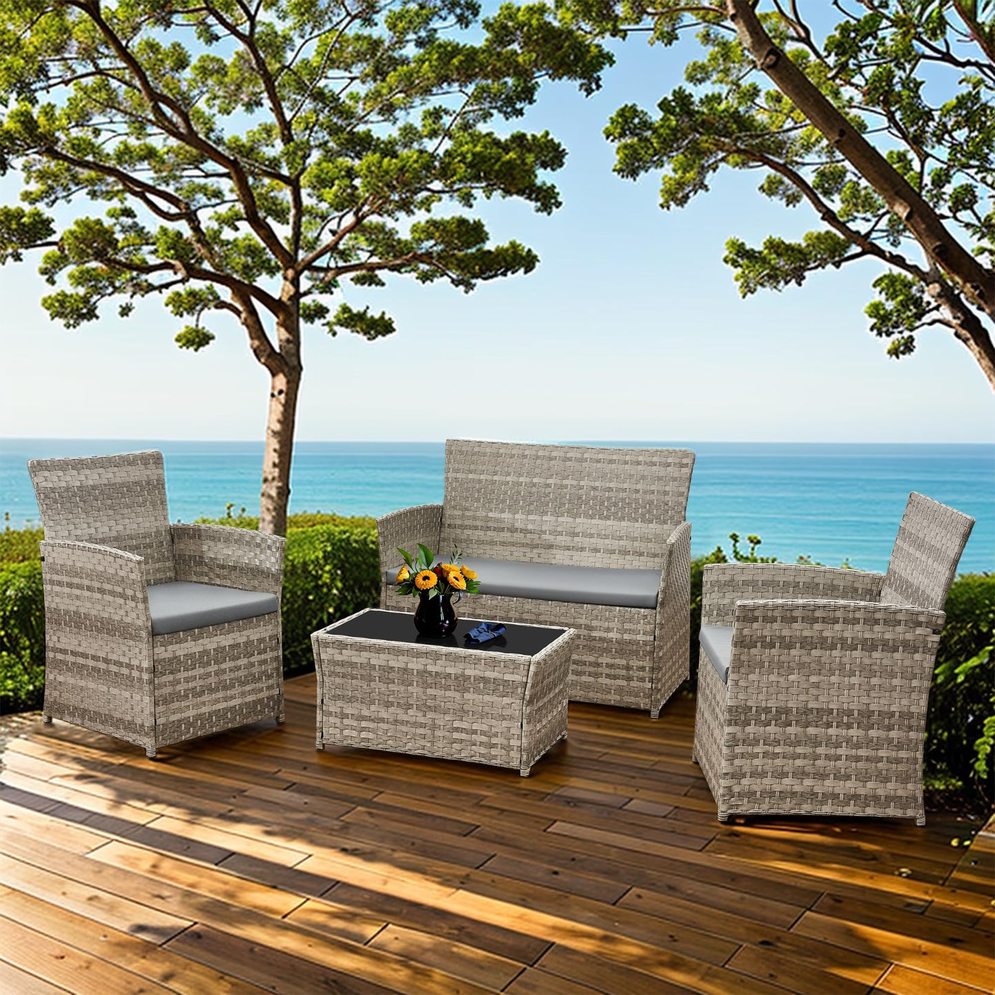 Aweather Rattan Garden Furniture Set Patio Conservatory Balcony Indoor Outdoor 4 Seater Piece Glass Top Coffee Table Modular Sofa Loveseat with Cushions