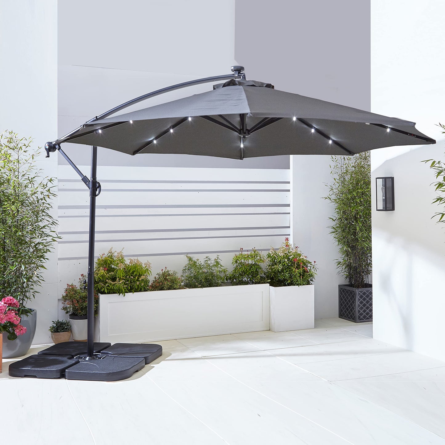 Neo 3M Garden Banana Outdoor Waterproof Freestanding Parasol LED Lights Hanging Cantilever Umbrella Sun Shade with Crank Handle Water Base (Grey)
