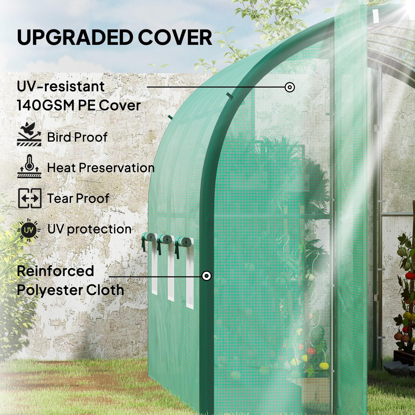 Outsunny 3 x 2(m) Walk-in Polytunnel Greenhouse with Upgraded Structure, 2 Hinged Doors, 6 Mesh Windows, Tunnel Warm House Tent with UV-resistant PE Cover, Green
